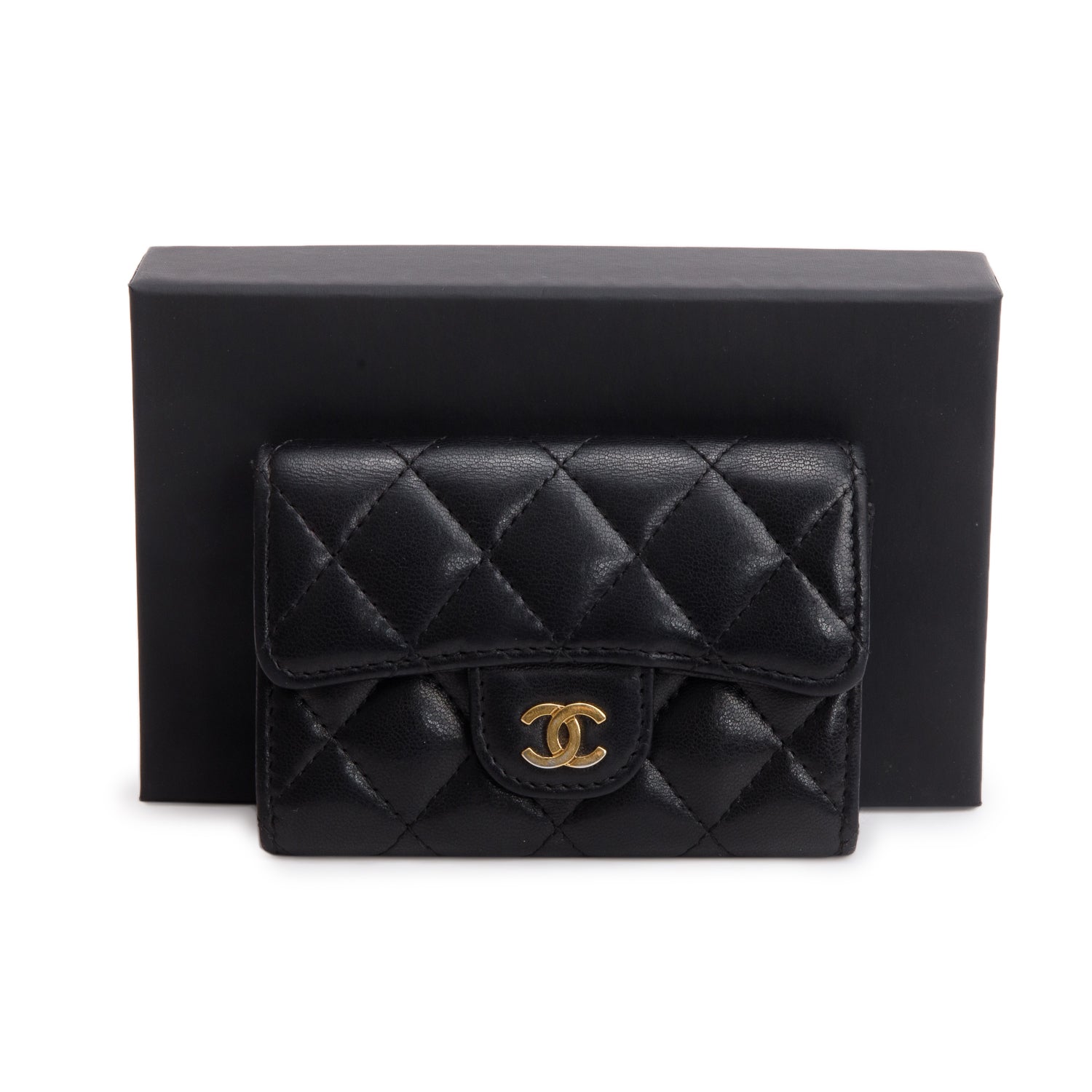 Chanel Black Lambskin Quilted Flap Card Holder w/ Box
