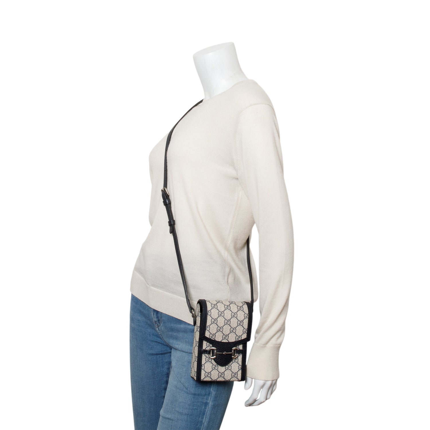 Gucci Black GG Supreme Denim Monogram Mini Horsebit 1955 Crossbody Bag