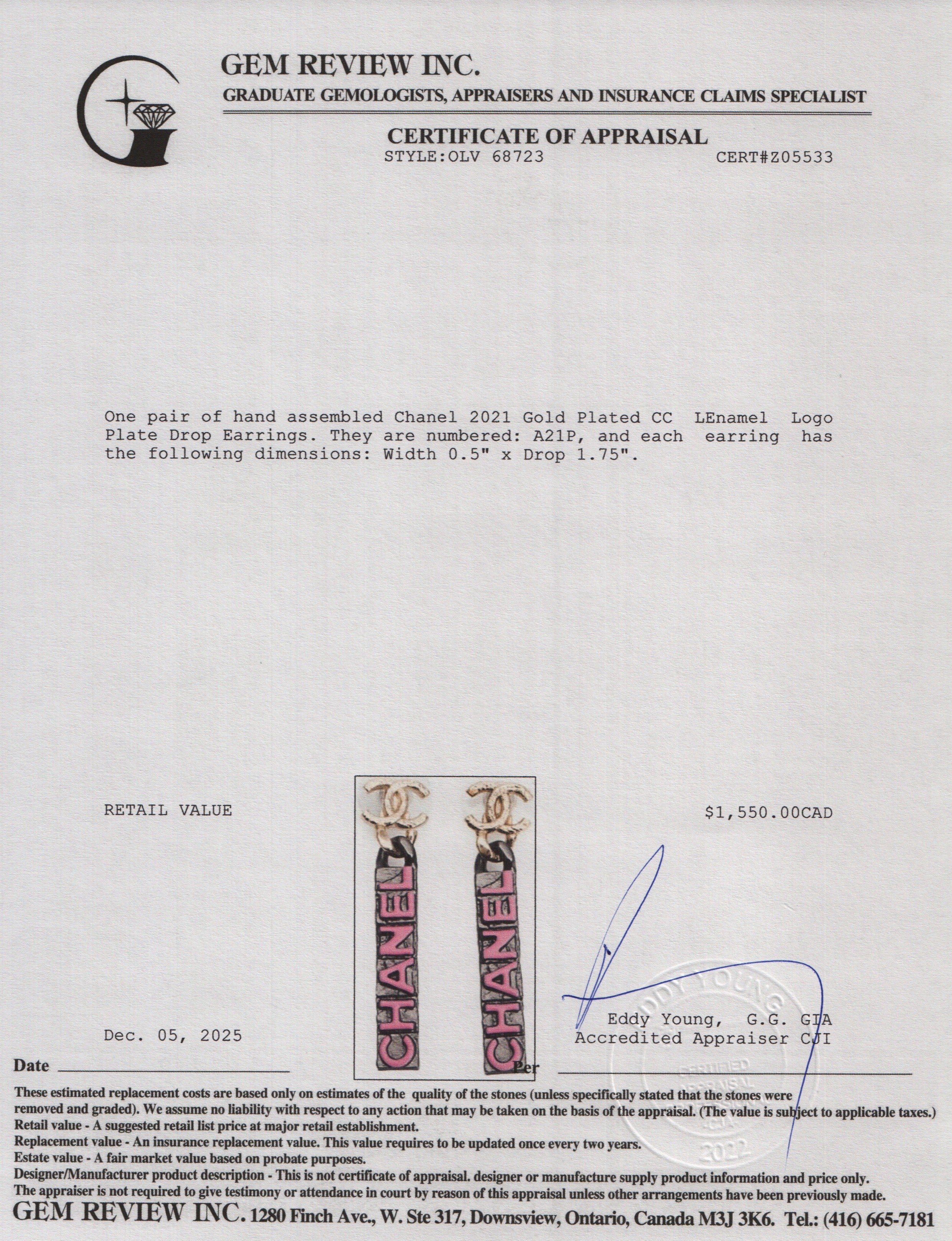 Chanel 2021 Gold Plated CC Enamel Logo Plate Drop Earrings w/ Box