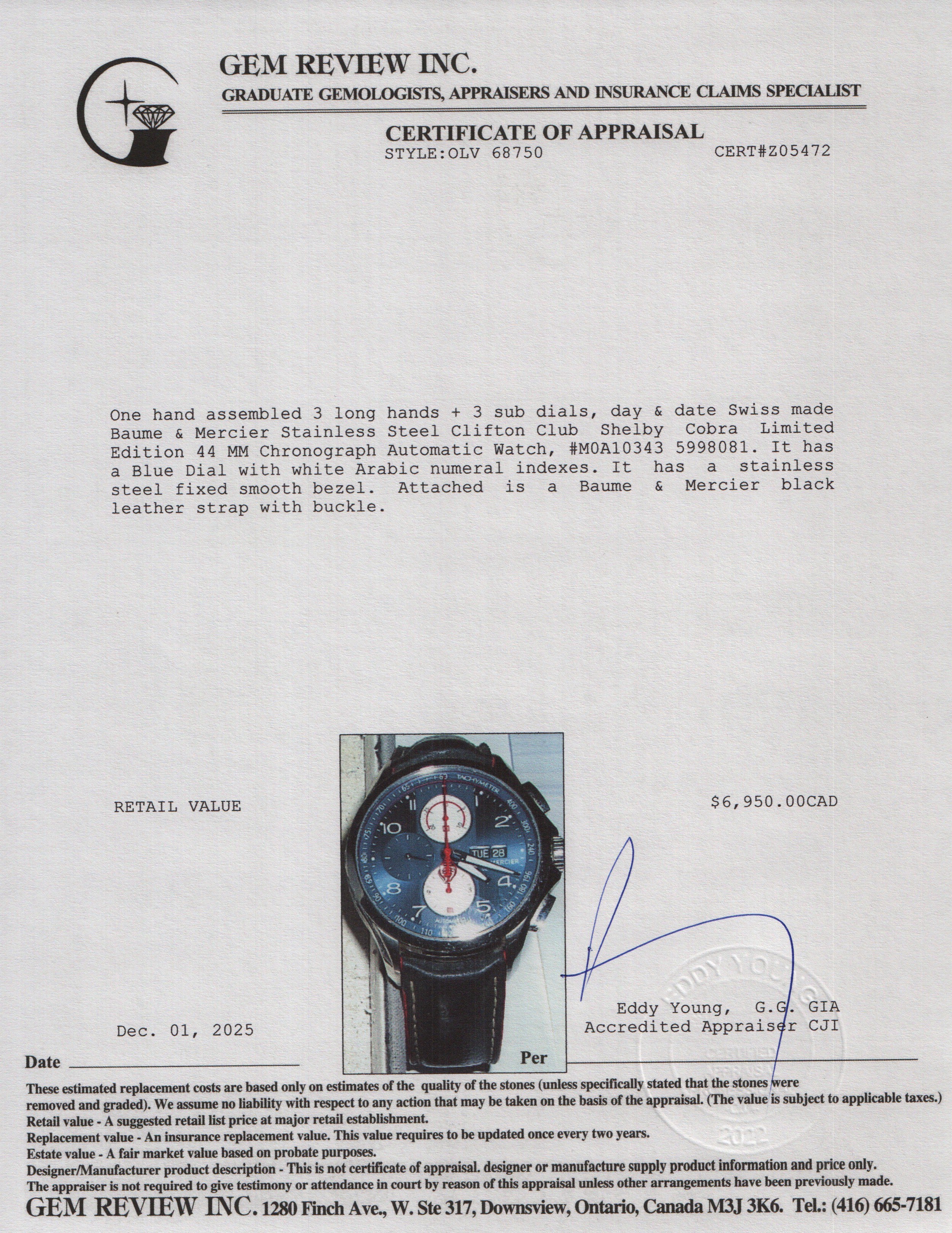 Baume & Mercier Stainless Steel Clifton Club Shelby Cobra Limited Edition 44 MM Chronograph Automatic Watch w/ Box & Papers