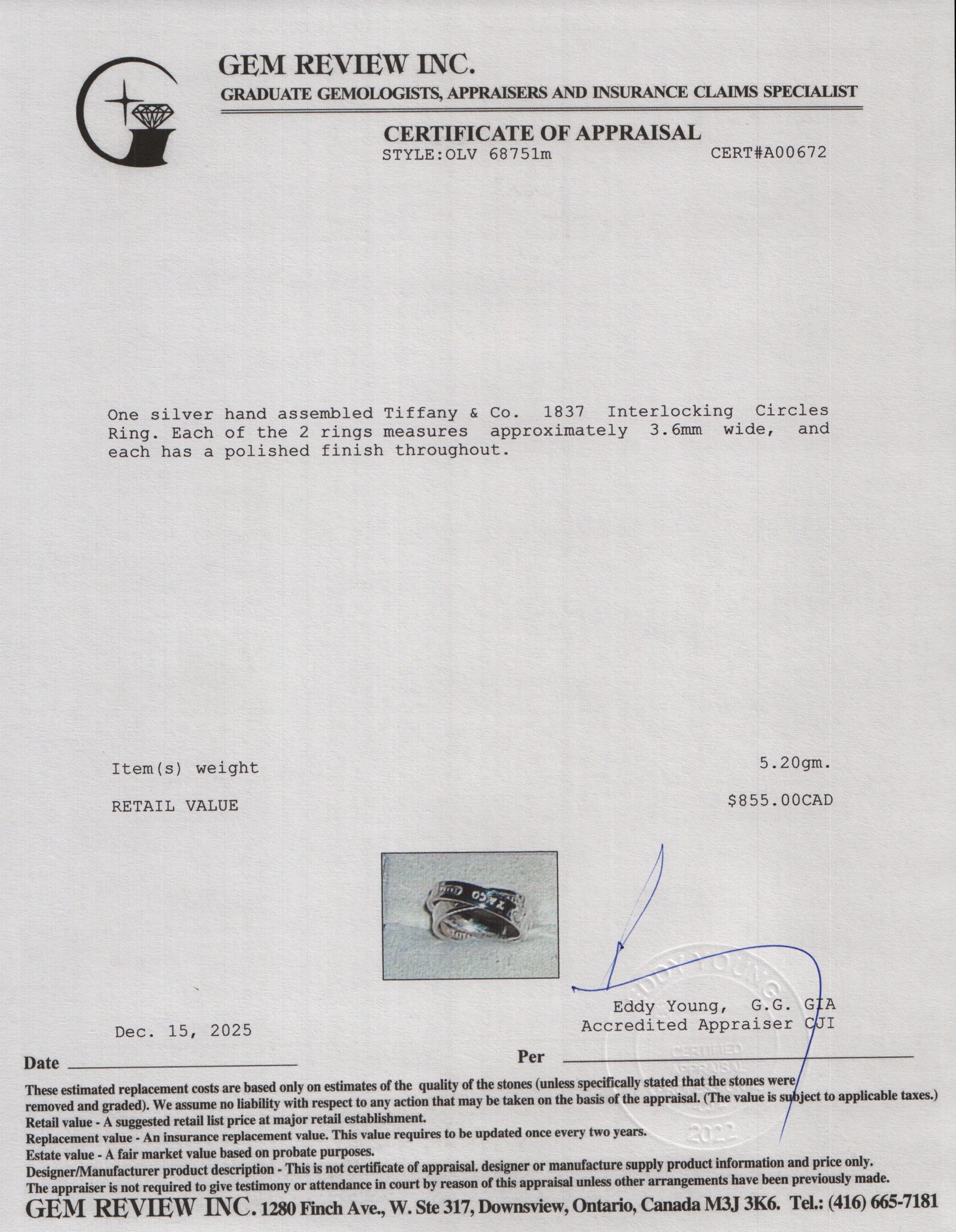 Tiffany & Co. Sterling Silver 1837 Interlocking Circles Ring, Size 6.75