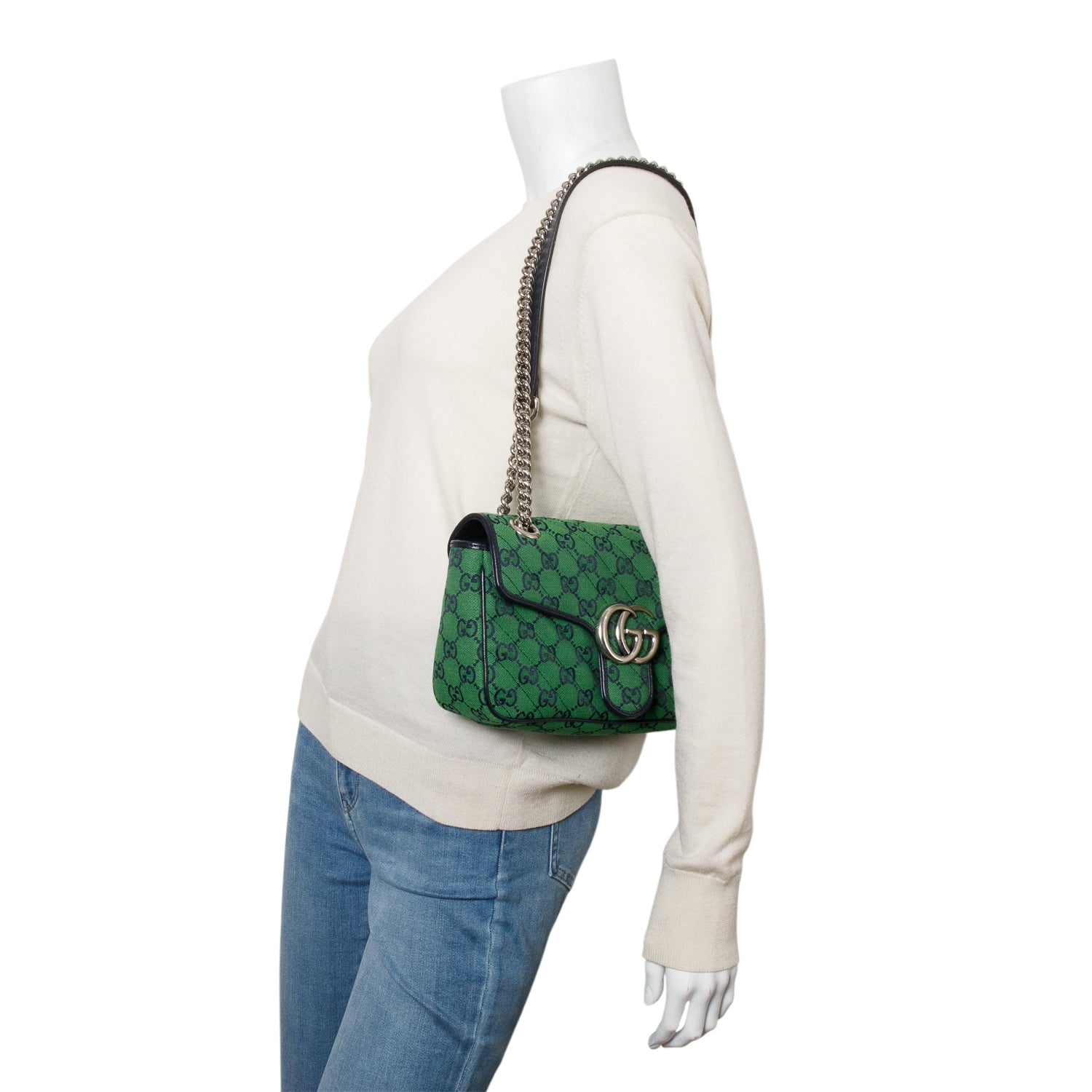 Gucci Green Monogram Matelassa Diagonal Small GG Marmont Shoulder Bag w/ Box