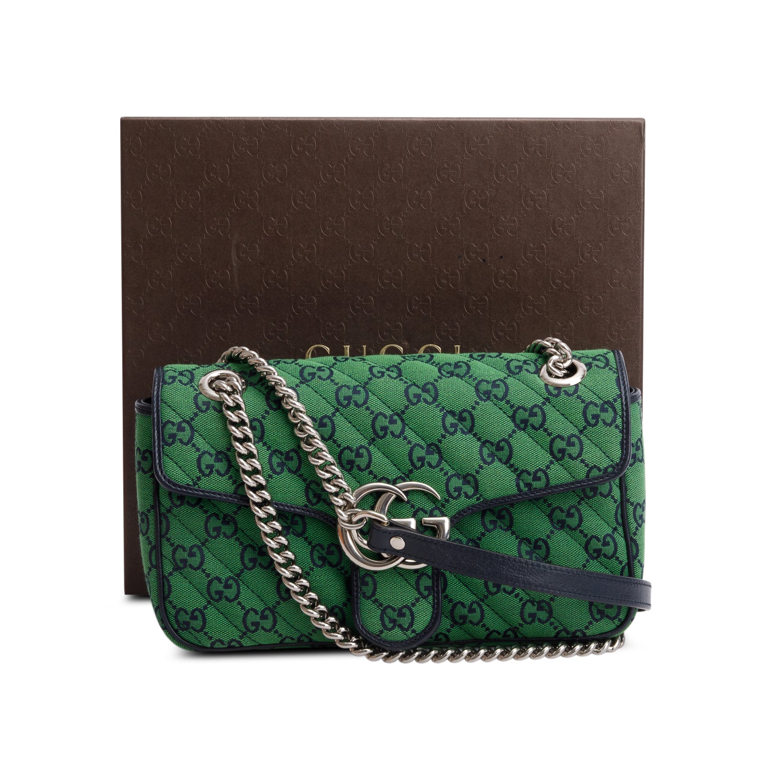Gucci Green Monogram Matelassa Diagonal Small GG Marmont Shoulder Bag w/ Box