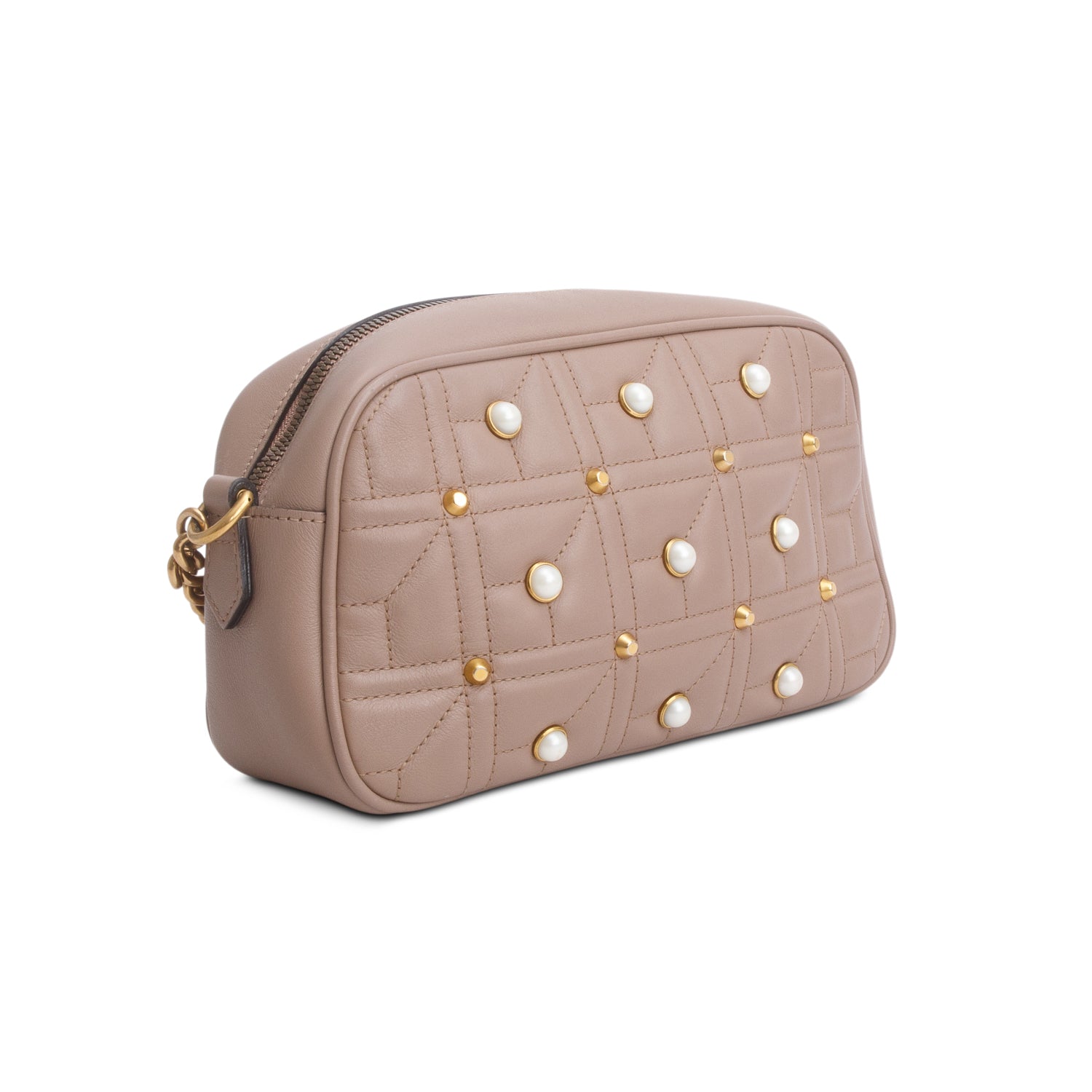 Gucci Beige Calfskin Matelasse Studded Small Pearly GG Marmont Shoulder Bag