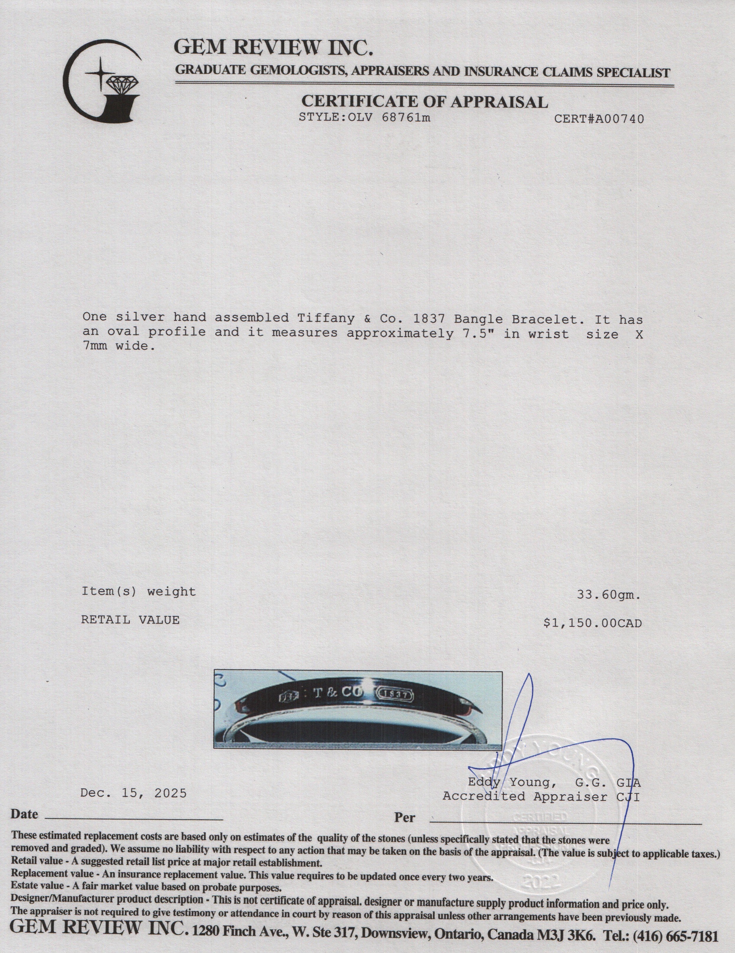 Tiffany & Co. Sterling Silver 1837 Bangle Bracelet