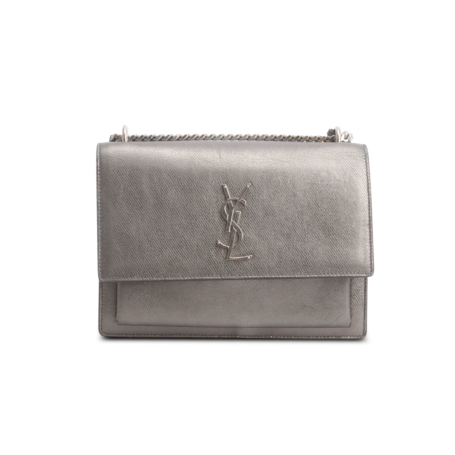 Saint Laurent Grey Metallic Grain de Poudre Leather Medium Sunset Bag