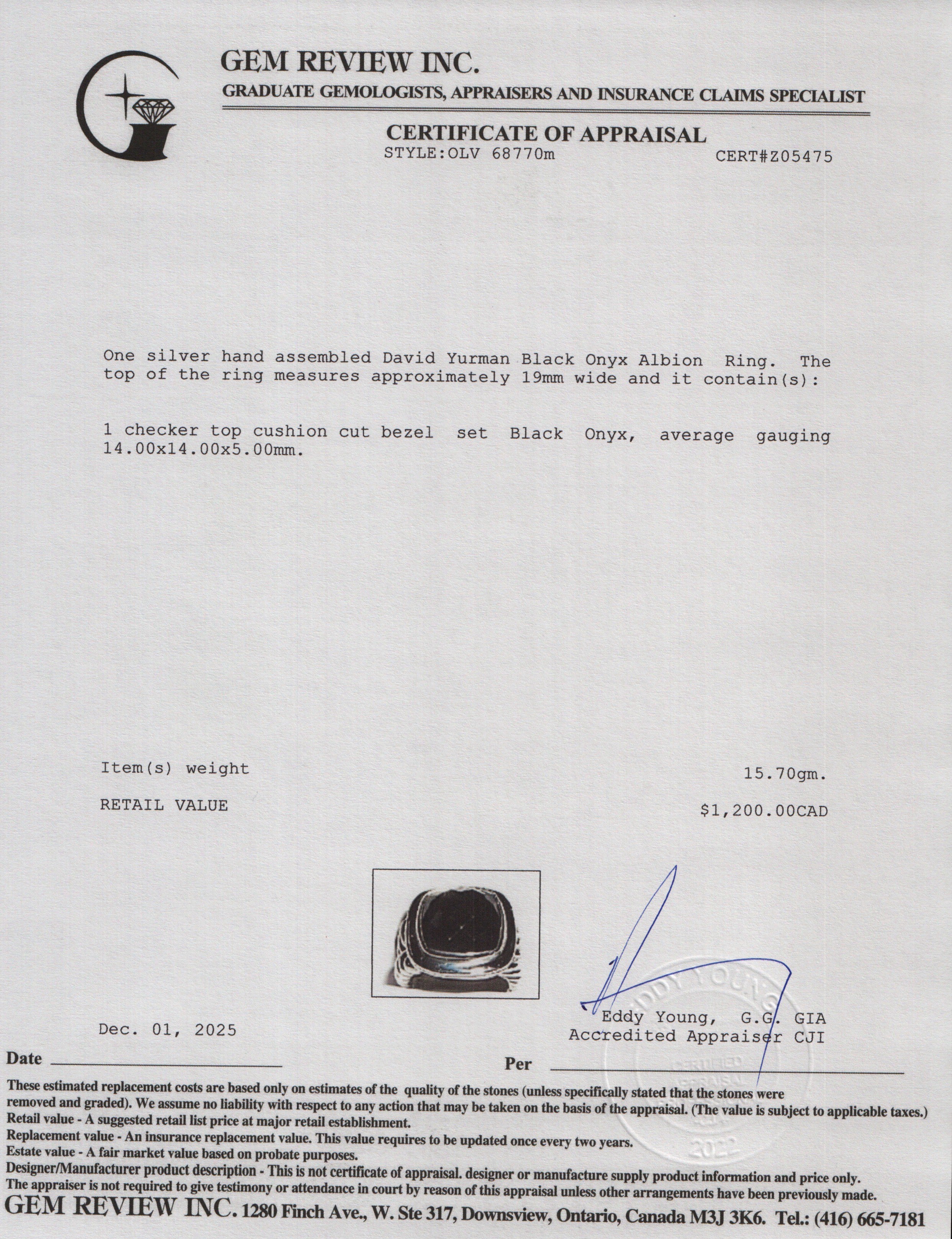 David Yurman Sterling Silver Black Onyx Albion Ring, Size 7.75