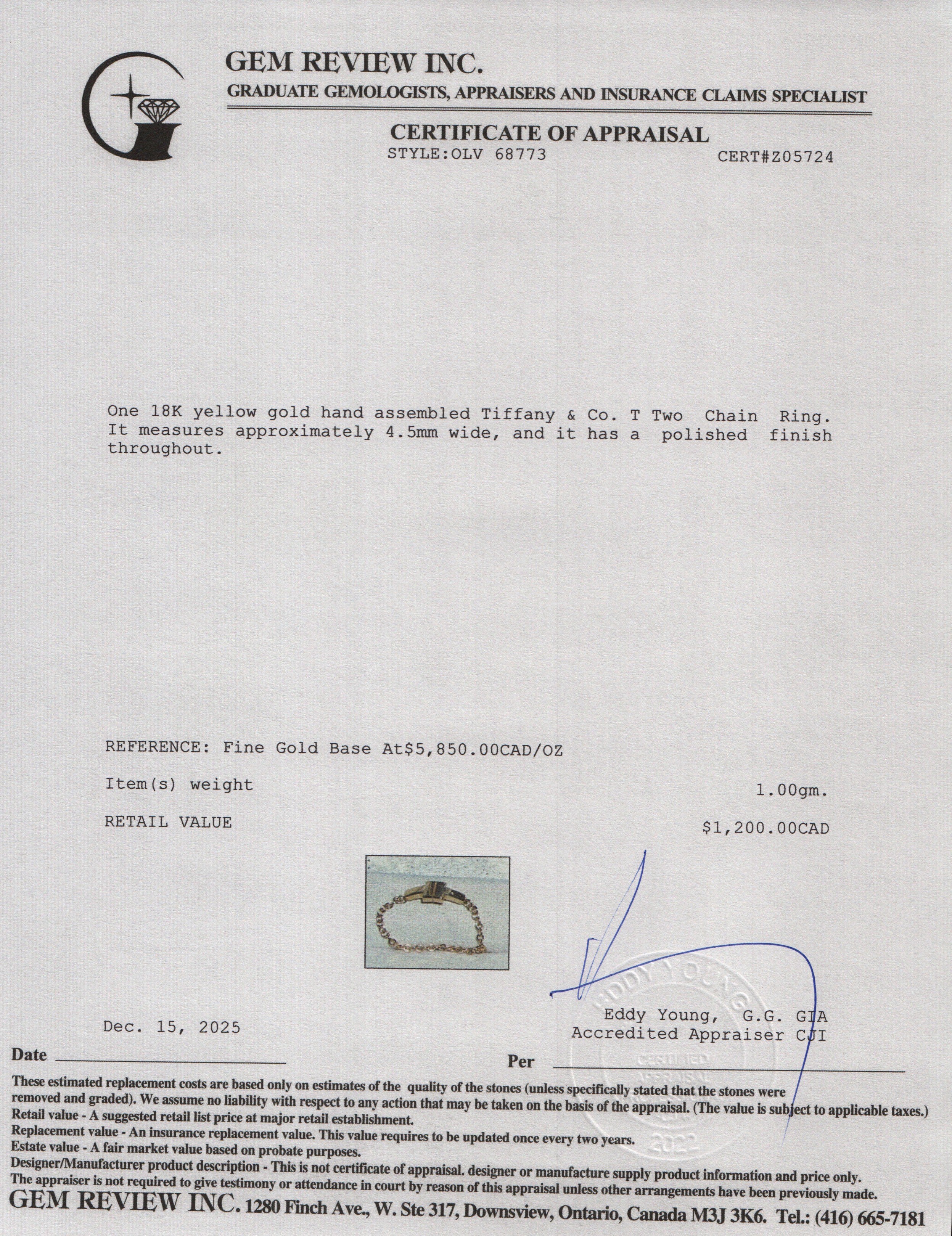 Tiffany & Co. 18k Yellow Gold T Two Chain Ring, Size 6