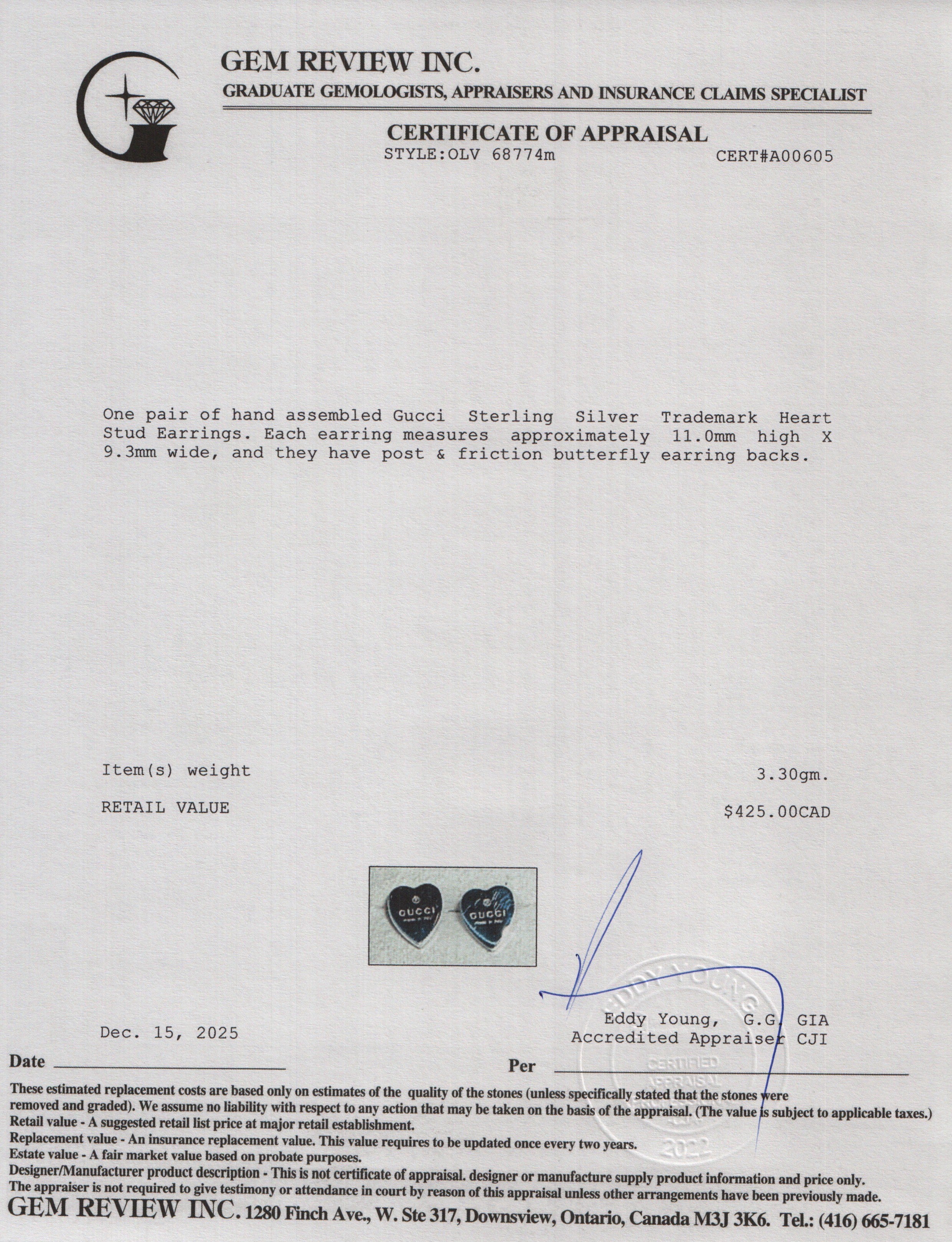 Gucci Sterling Silver Trademark Heart Stud Earrings