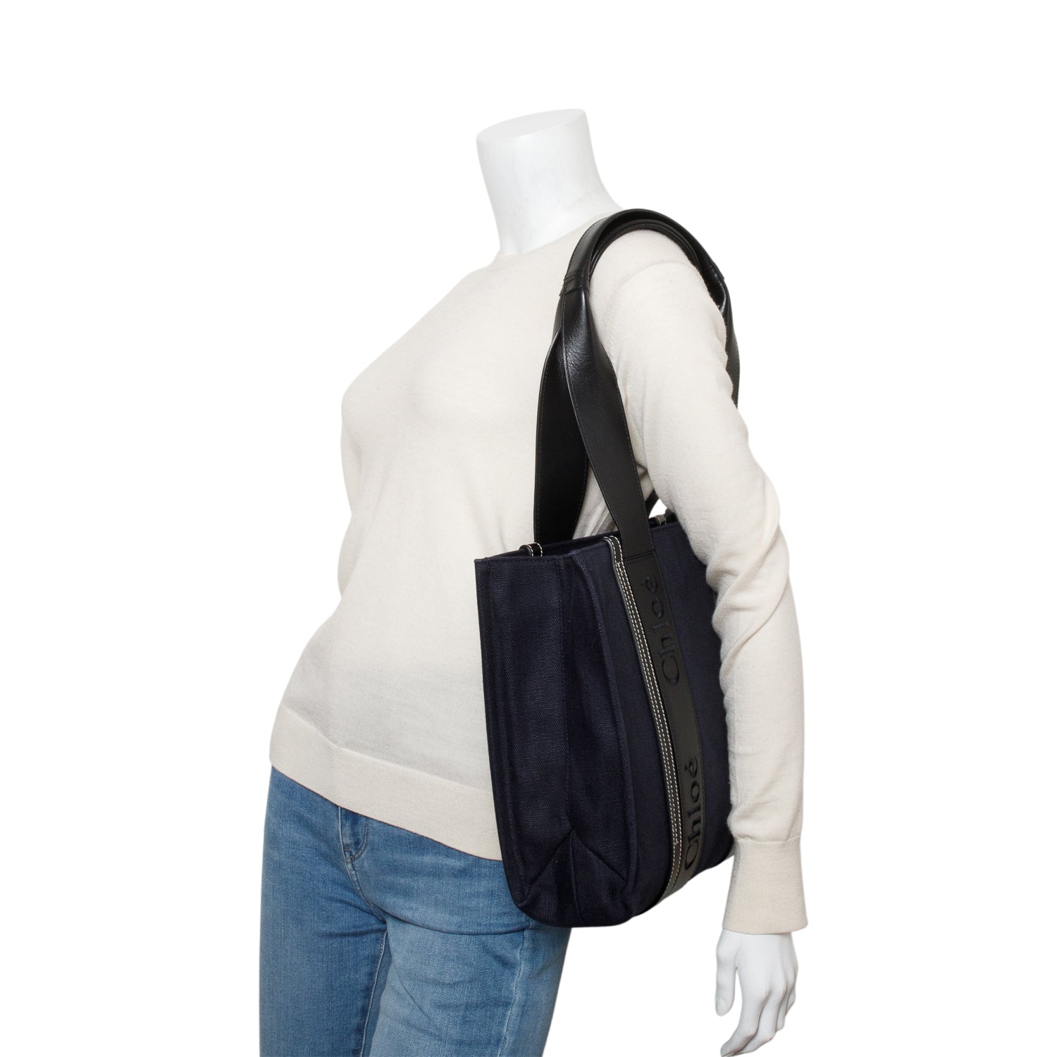 Chloe Blue Calfskin Linen Medium Denim Woody Tote Bag