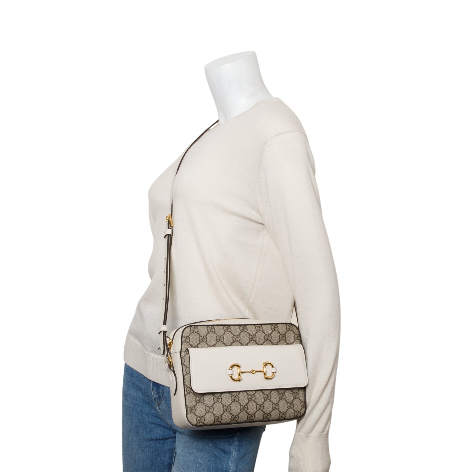 Gucci White GG Supreme Monogram Azalea Calfskin Small Horsebit 1955 Shoulder Bag