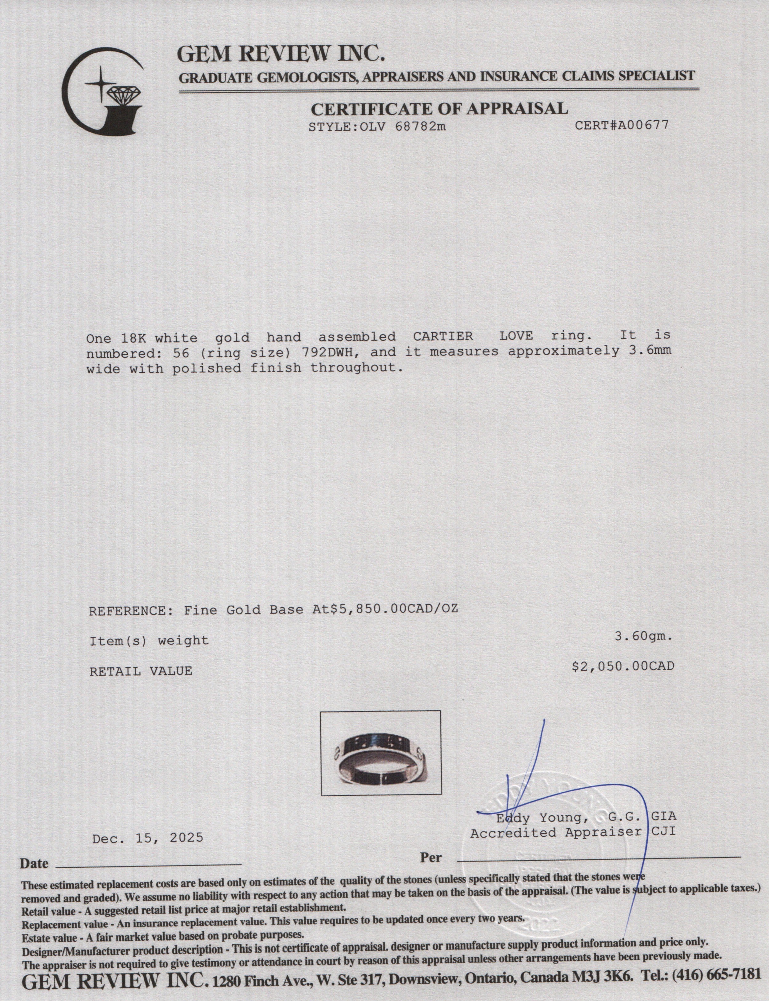 Cartier 2025 18k White Gold 3.6 MM Love Wedding Band Ring, Size 56 7.75 w/ Box, Receipt & Certificate