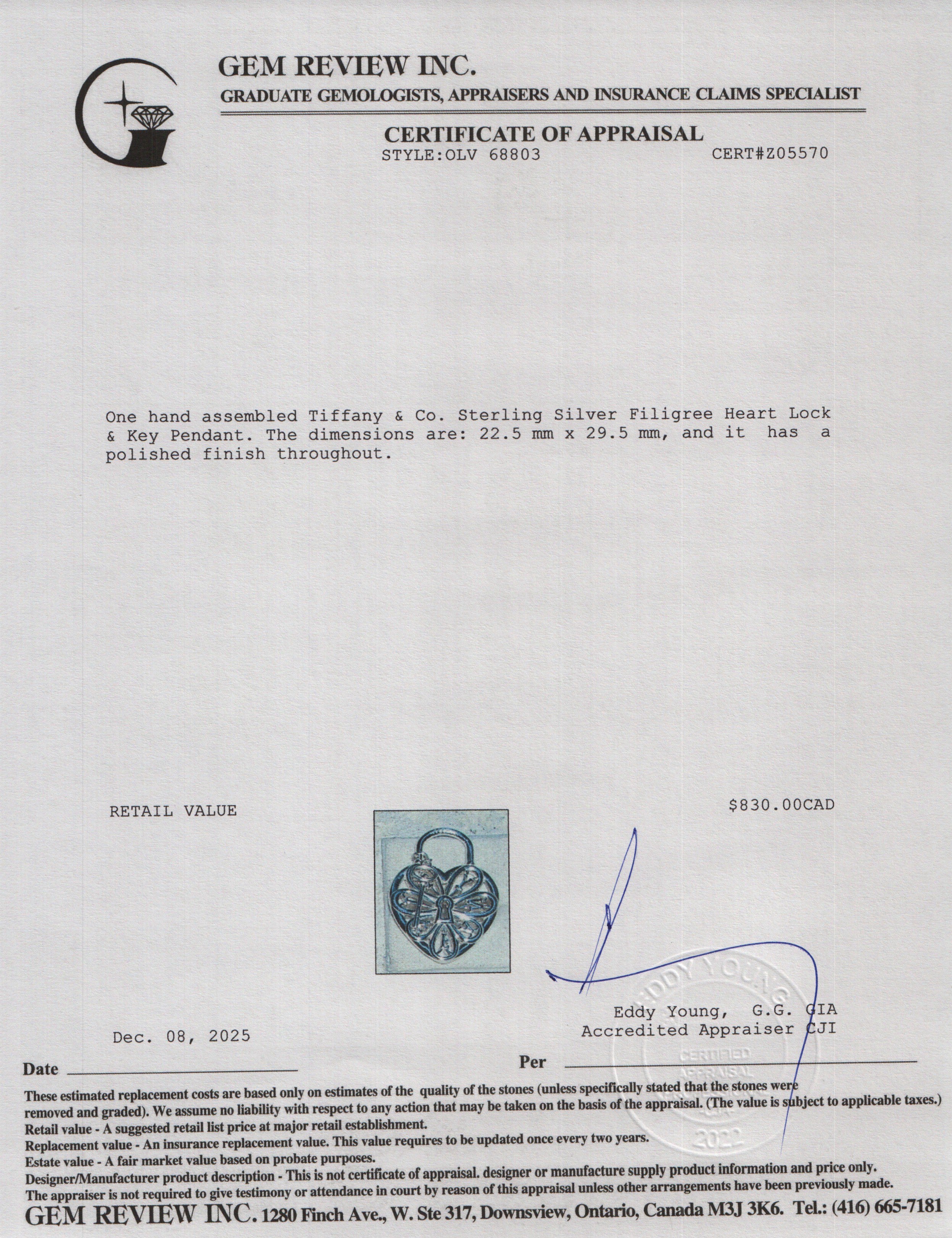 Tiffany & Co. Sterling Silver Filigree Heart Lock & Key Pendant