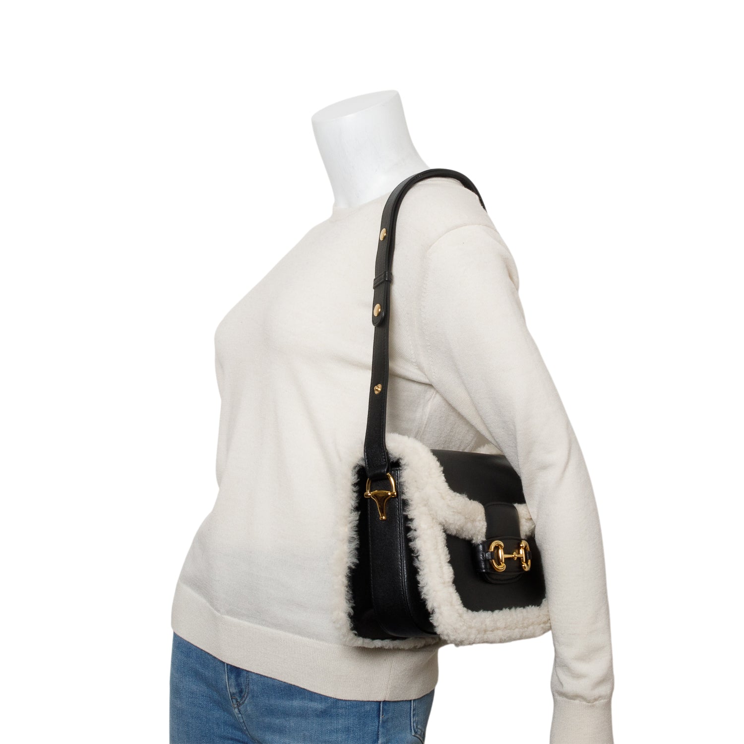 Gucci Black Leather Shearling Trim Horsebit 1955 Small Shoulder Bag