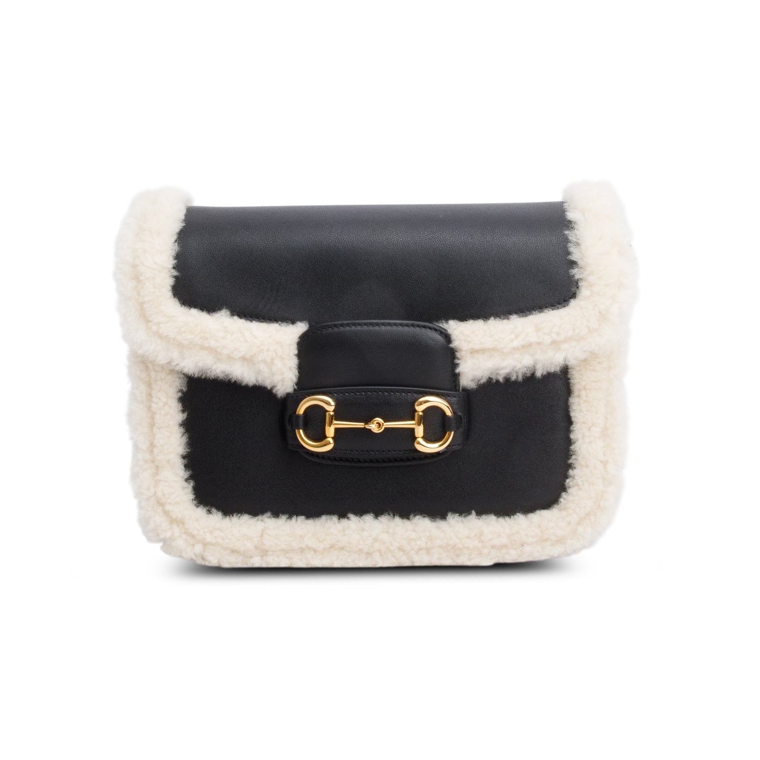 Gucci Black Leather Shearling Trim Horsebit 1955 Small Shoulder Bag