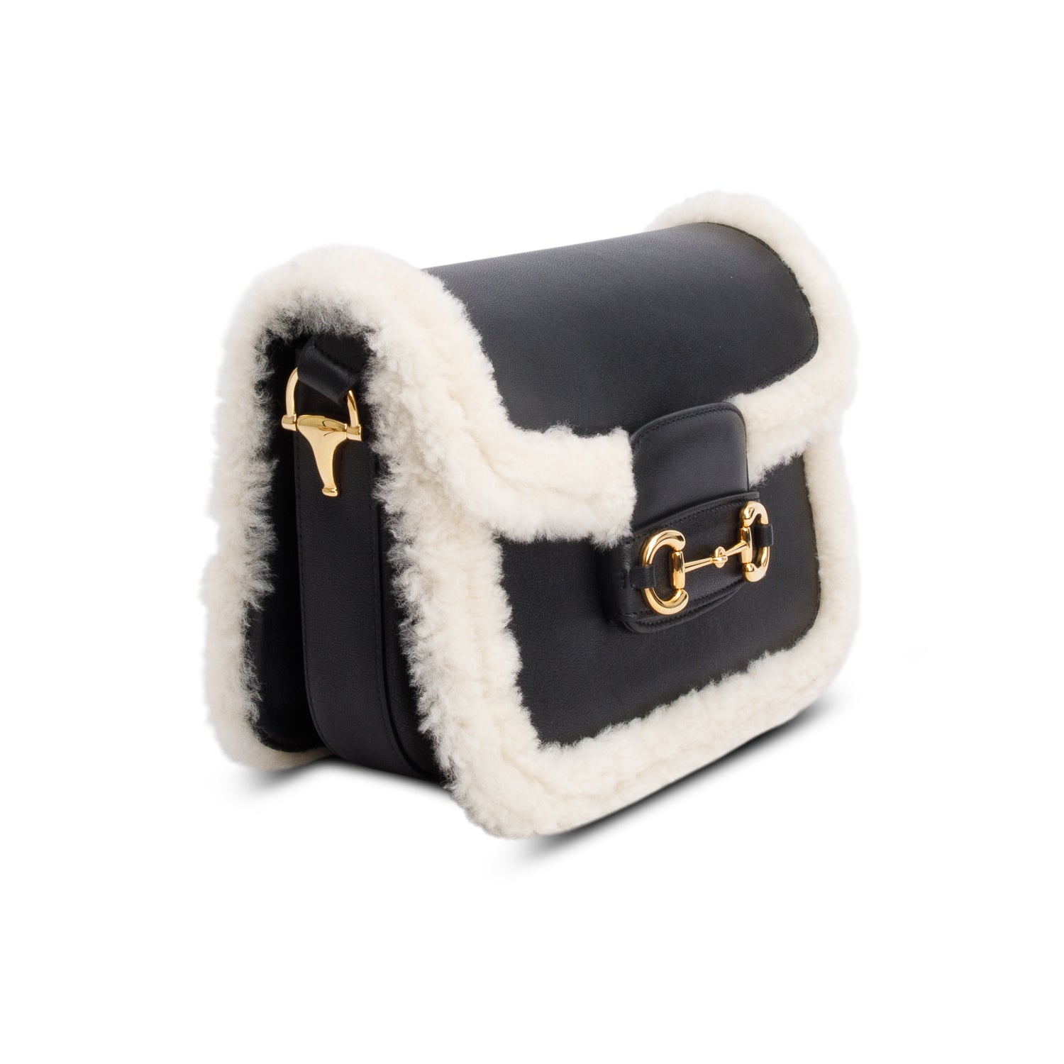 Gucci Black Leather Shearling Trim Horsebit 1955 Small Shoulder Bag