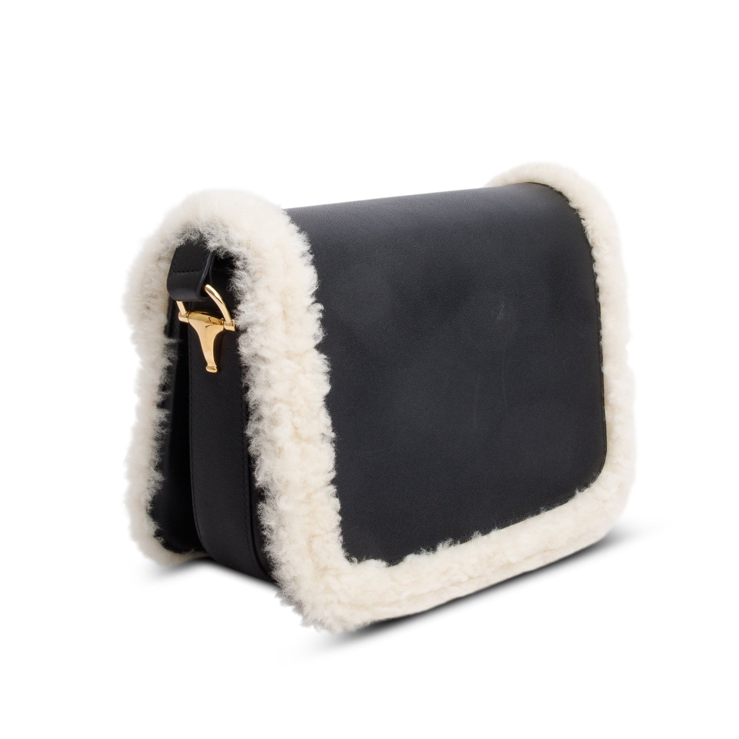 Gucci Black Leather Shearling Trim Horsebit 1955 Small Shoulder Bag