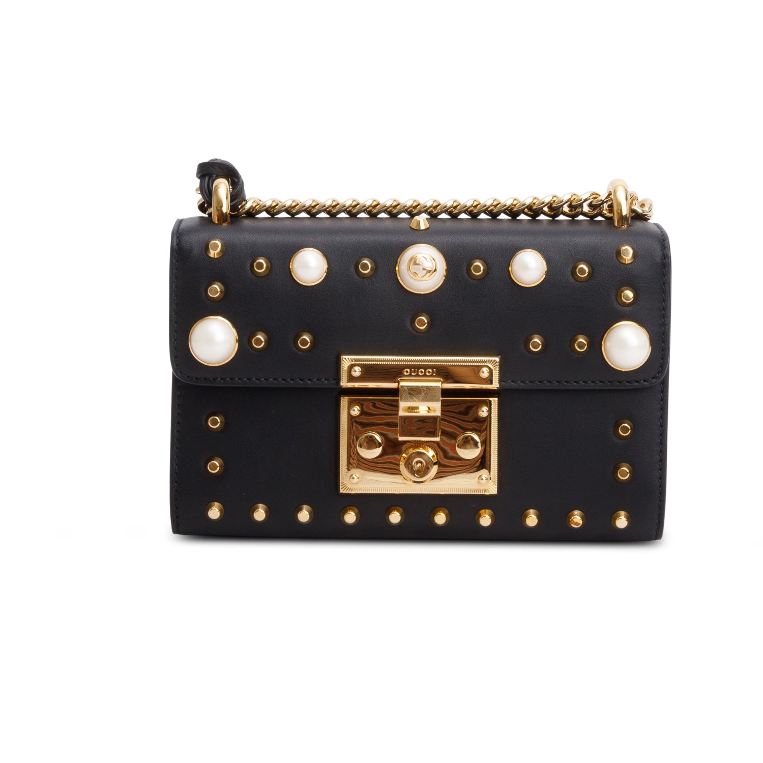 Gucci Black Calfskin Studded Small Padlock Shoulder Bag