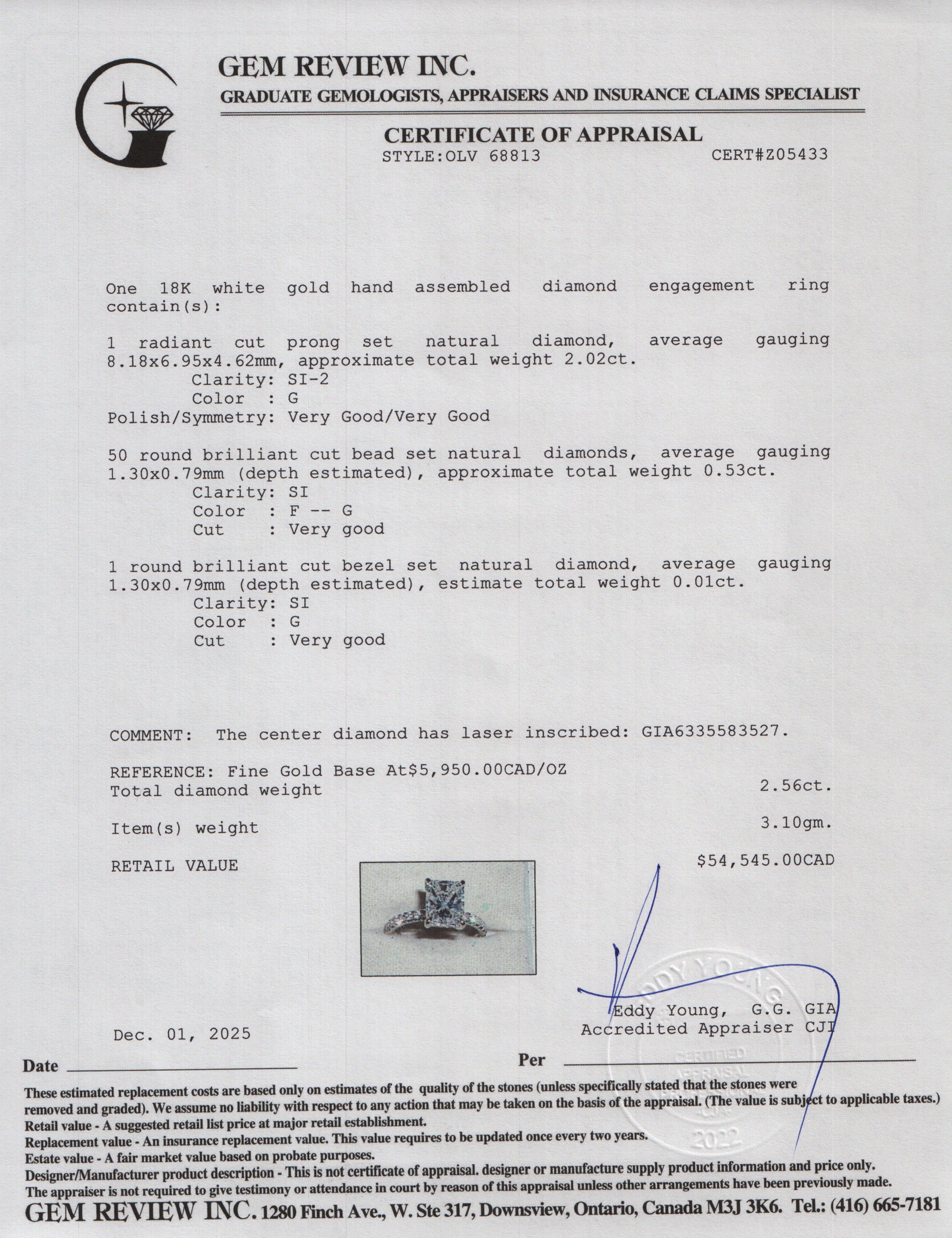 Mark Lash 18k White Gold 2.02 ct. Radiant Cut Diamond Engagement Ring, Size 5 w/ Box & GIA Certificate