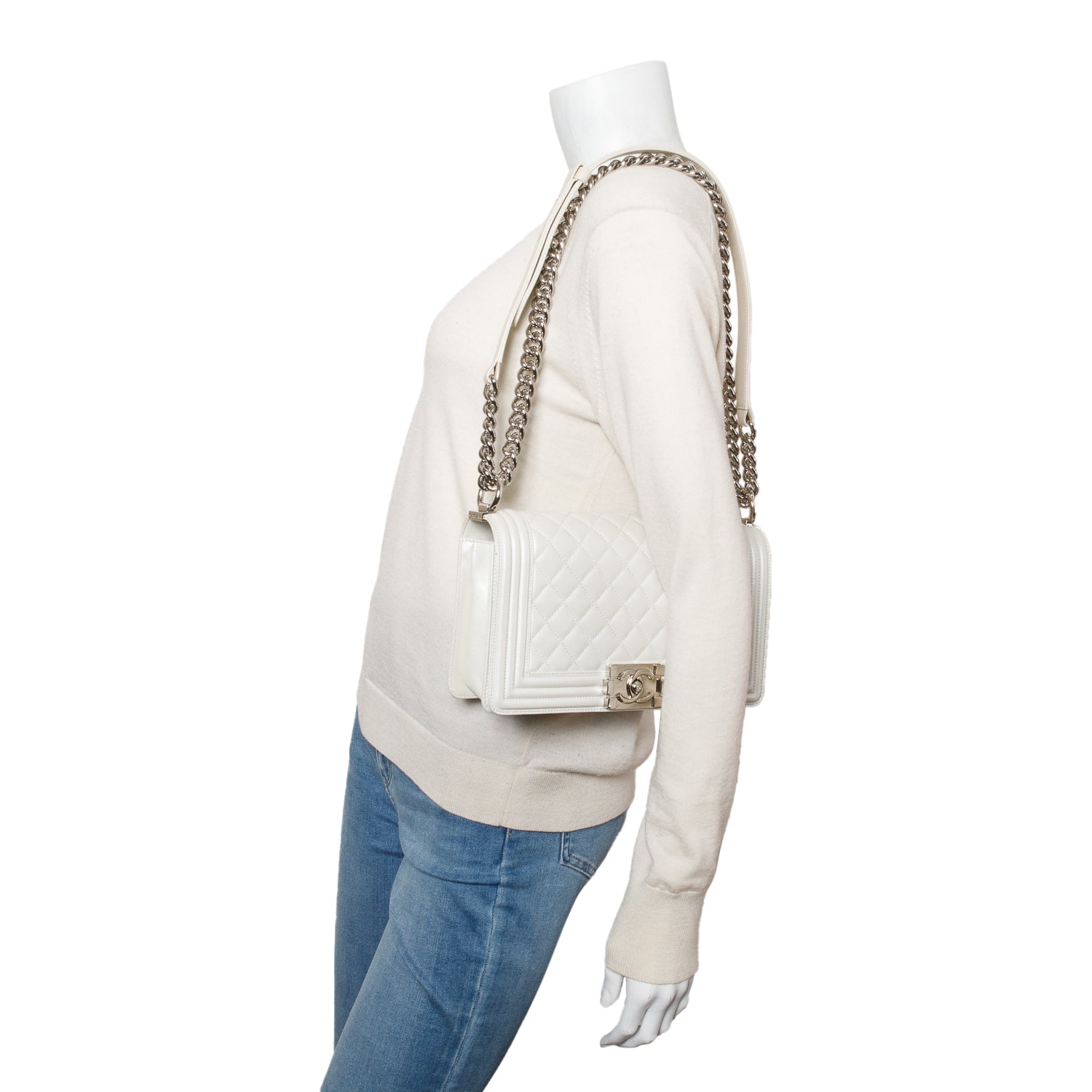 Chanel Pearly White Quilted Lambskin Leather Medium Boy Bag w/ Box