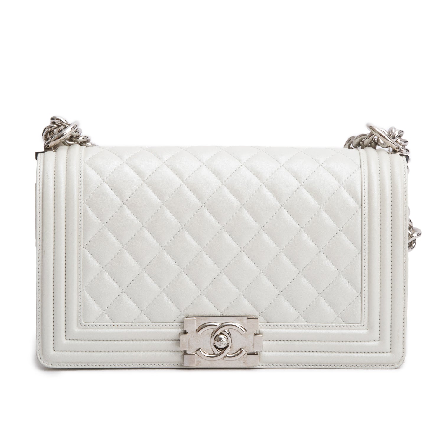 Chanel Pearly White Quilted Lambskin Leather Medium Boy Bag w/ Box