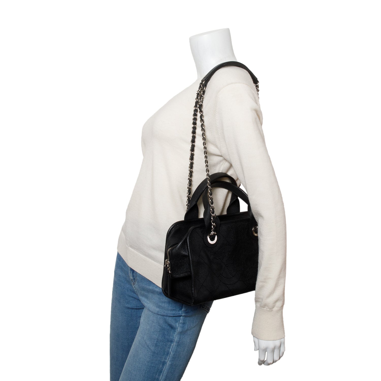 Chanel Black Caviar Quilted Deauville Bowling Bag