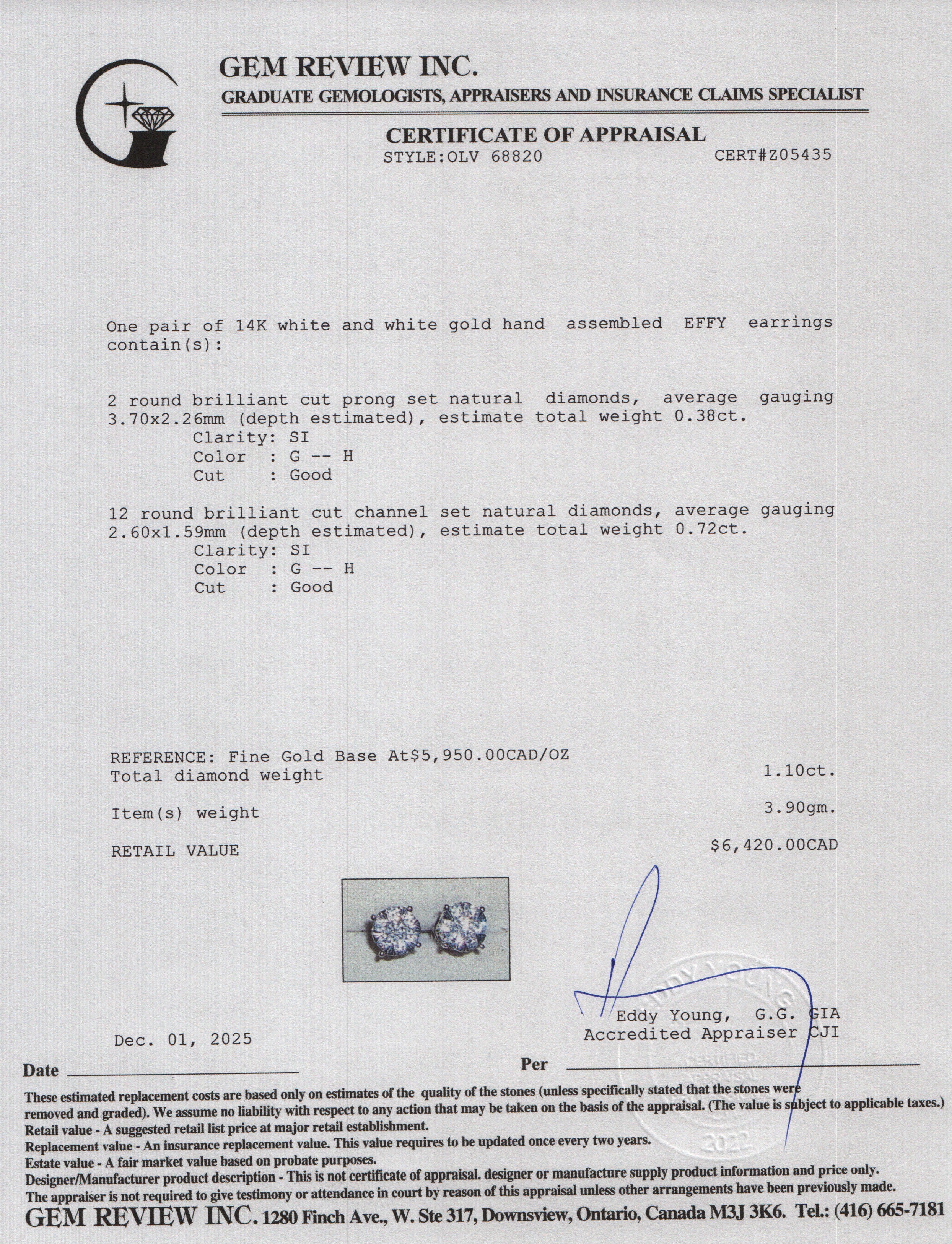 Effy 14k White Gold 1.10 tcw. Diamond Cluster Stud Earrings w/ Box