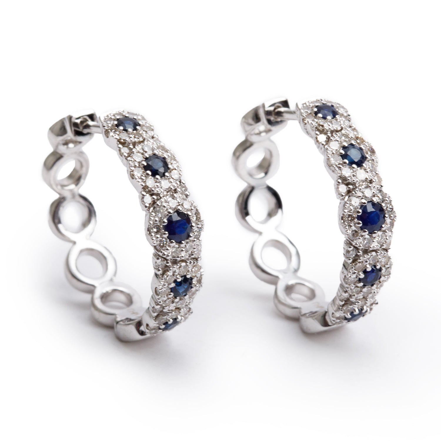 14k White Gold Blue Sapphire & Diamond Hoop Earrings