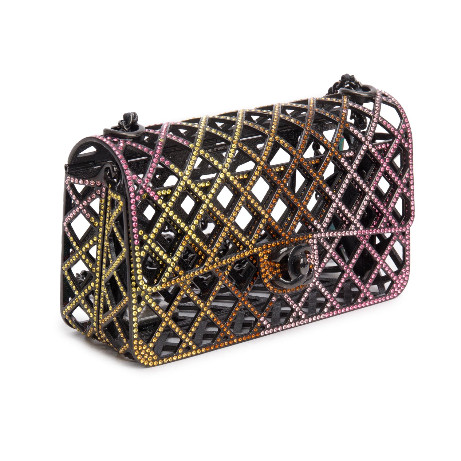 Chanel Limited Edition Black Metal Multicolor Strass Cage Mini Flap Bag w/ Box