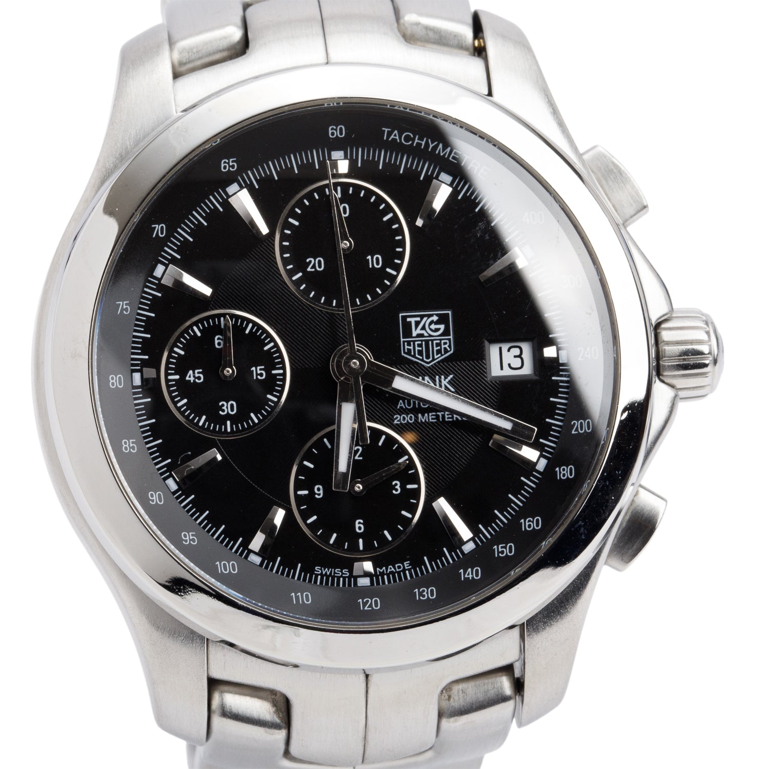 Tag Heuer Stainless Steel Link 42 MM Automatic Chronograph Watch Black Dial CJF2110