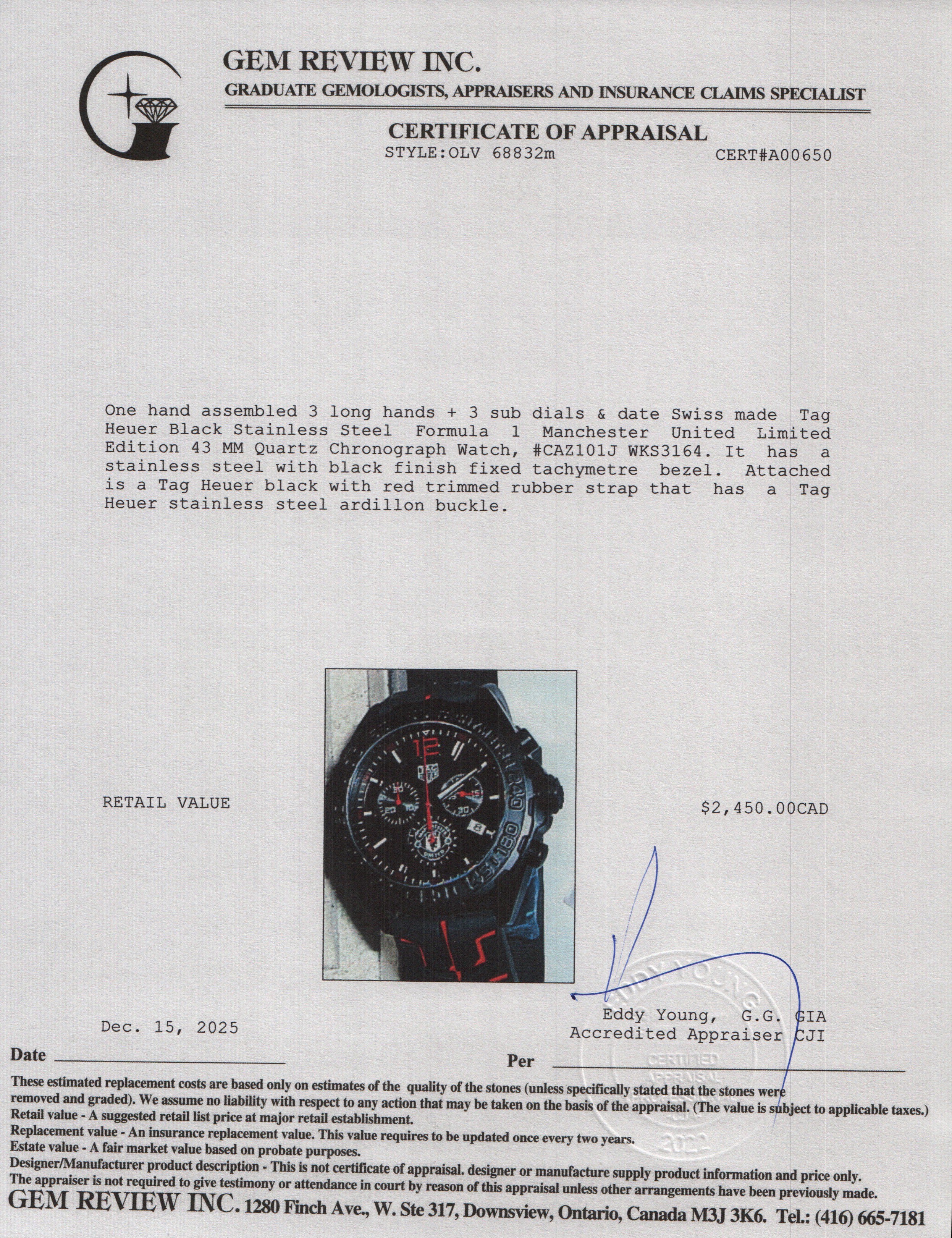 Tag Heuer Black PVD Stainless Steel Formula 1 Manchester United Limited Edition 43 MM Quartz Chronograph Watch Black Dial CAZ101J w/ Box & Papers