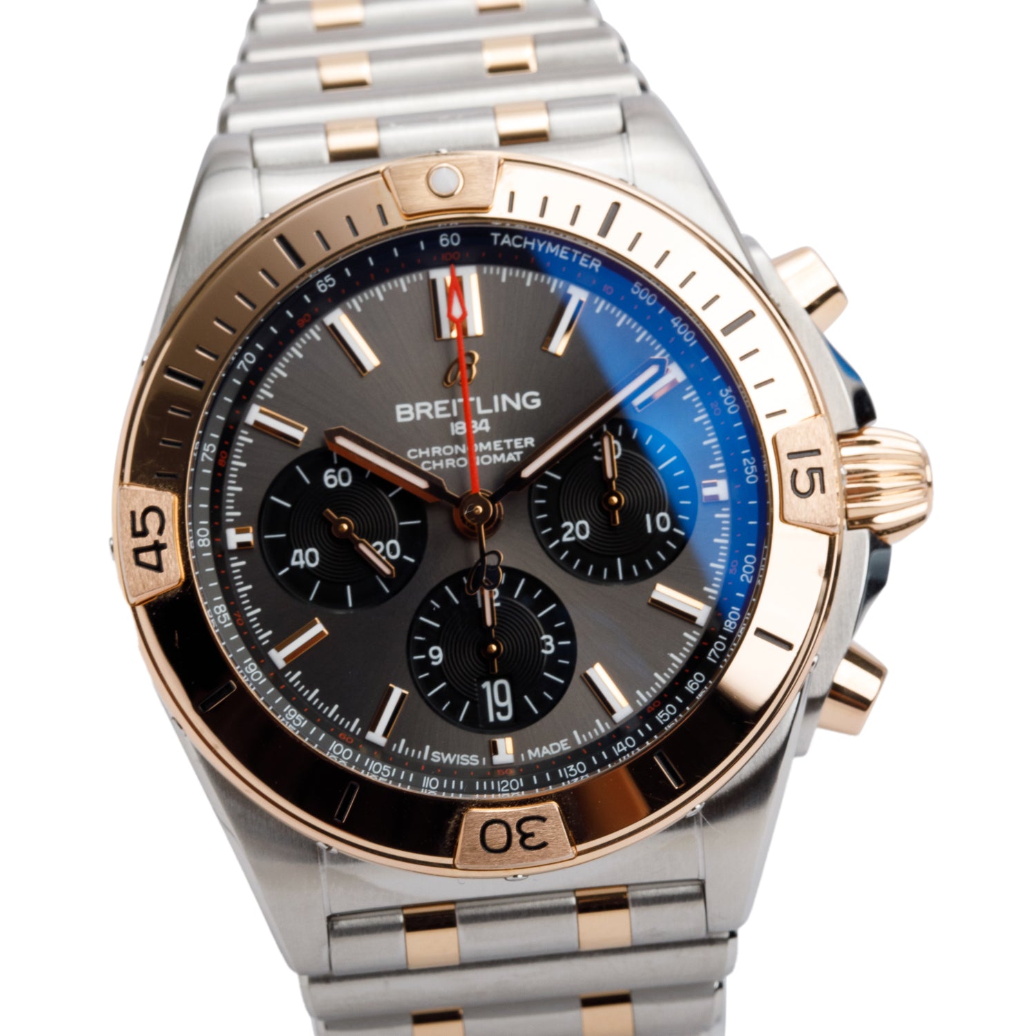 Breitling Stainless Steel & 18k Rose Gold Chronomat B01 42 MM Chronograph Automatic Watch Grey Dial UB0134 w/ Box & Papers