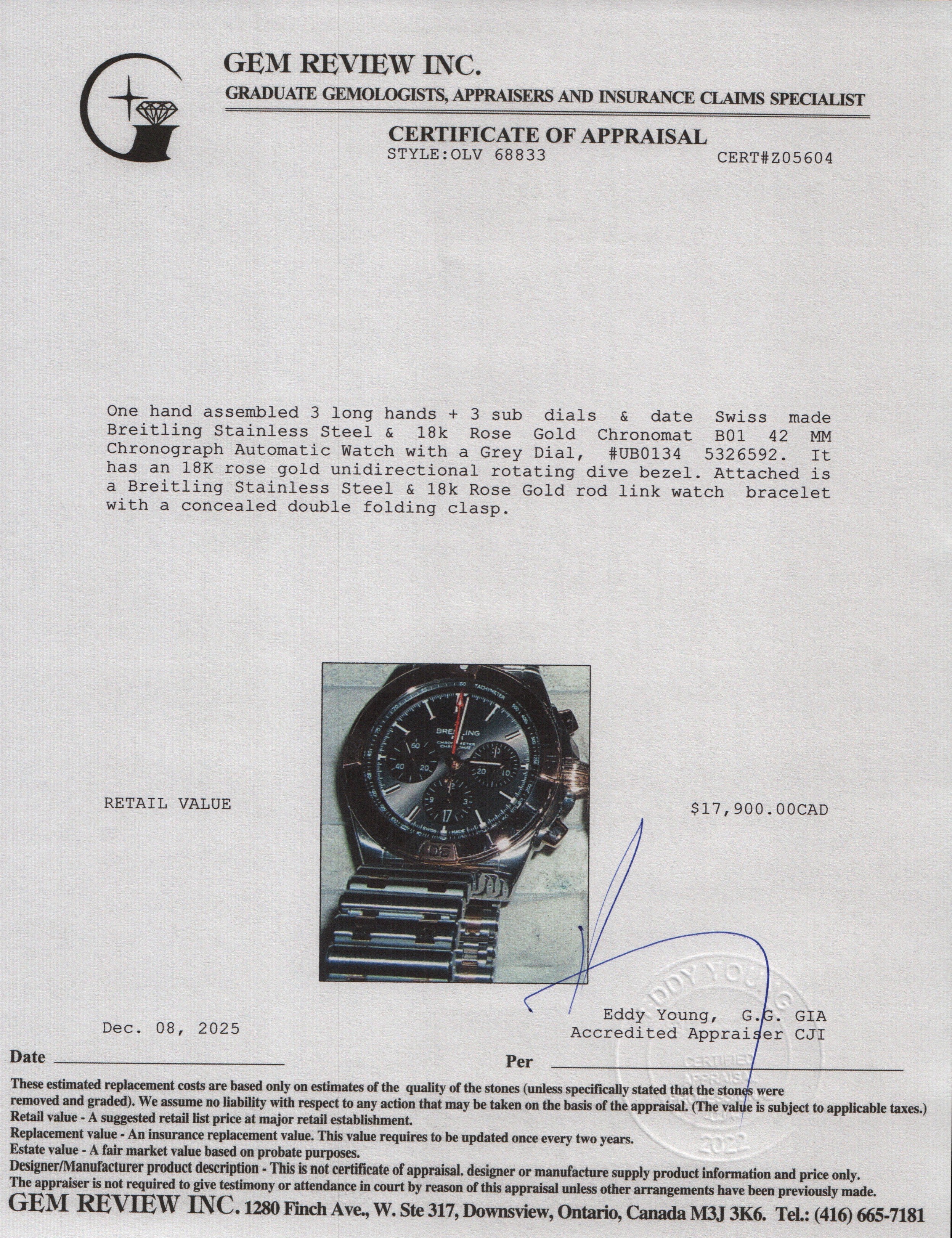 Breitling Stainless Steel & 18k Rose Gold Chronomat B01 42 MM Chronograph Automatic Watch Grey Dial UB0134 w/ Box & Papers