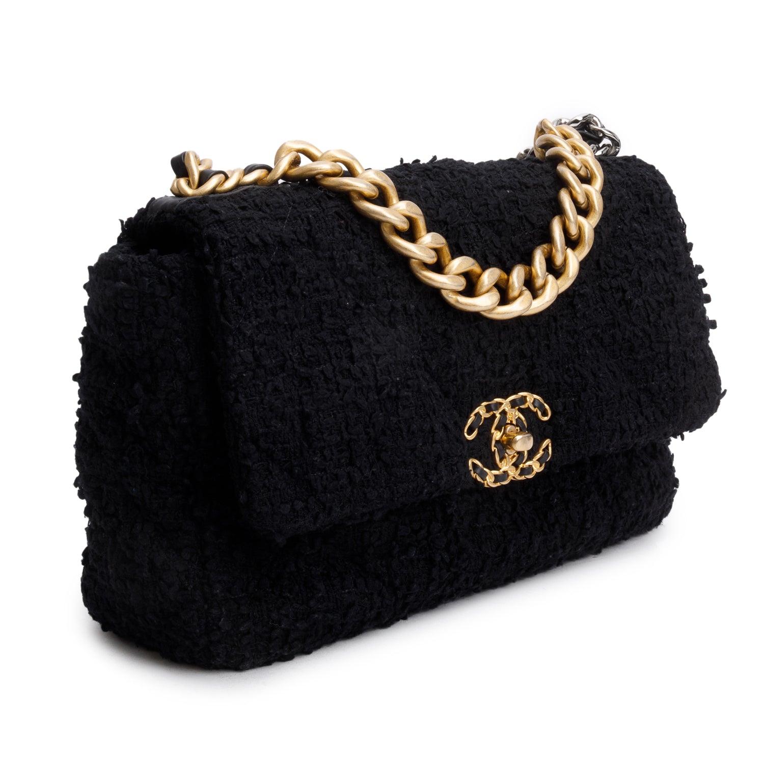 Chanel 2020 Black Tweed Quilted Medium Chanel 19 Flap w/ Authenticity Card