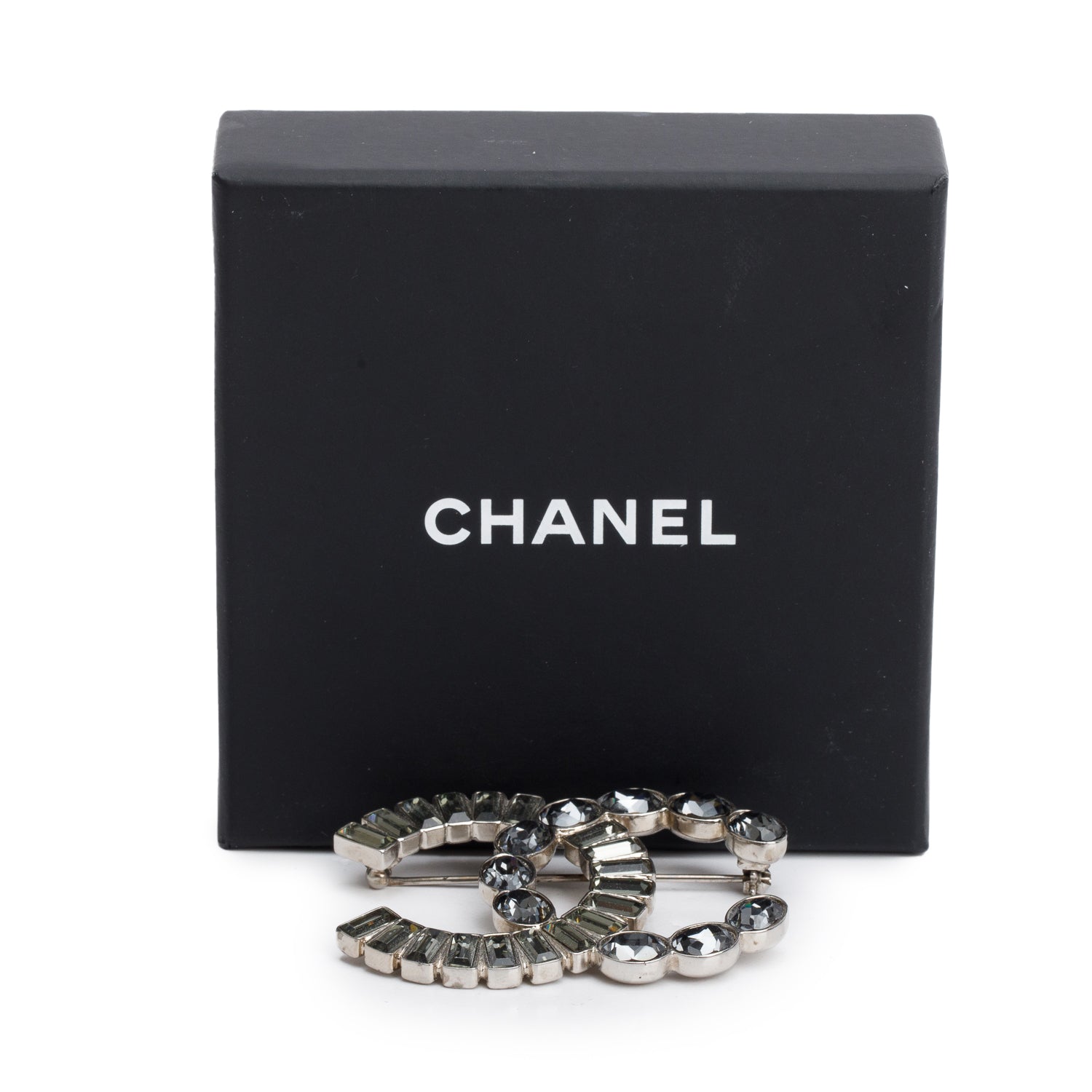 Chanel Palladium Plated Strass CC Brooch w/ Box