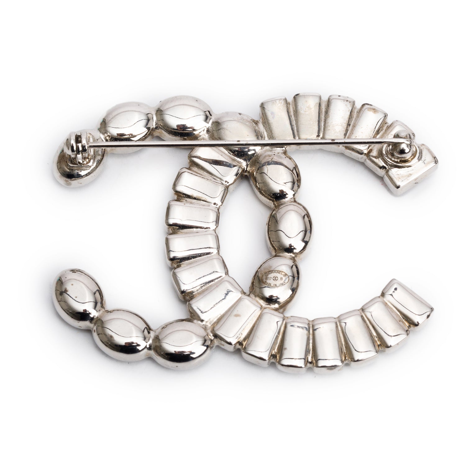 Chanel Palladium Plated Strass CC Brooch w/ Box