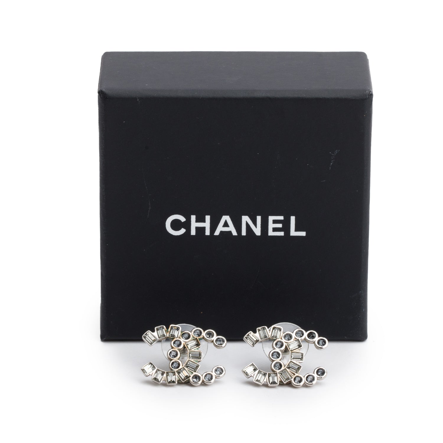 Chanel Palladium Plated Strass CC Stud Earrings w/ Box