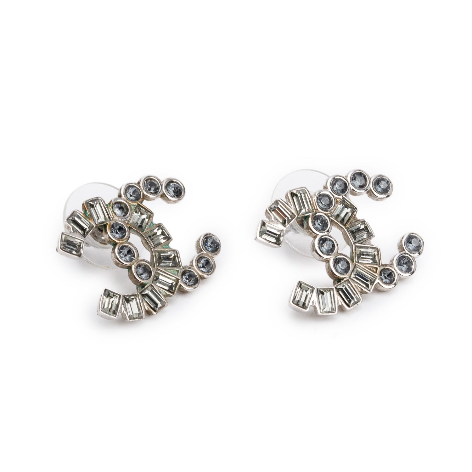 Chanel Palladium Plated Strass CC Stud Earrings w/ Box