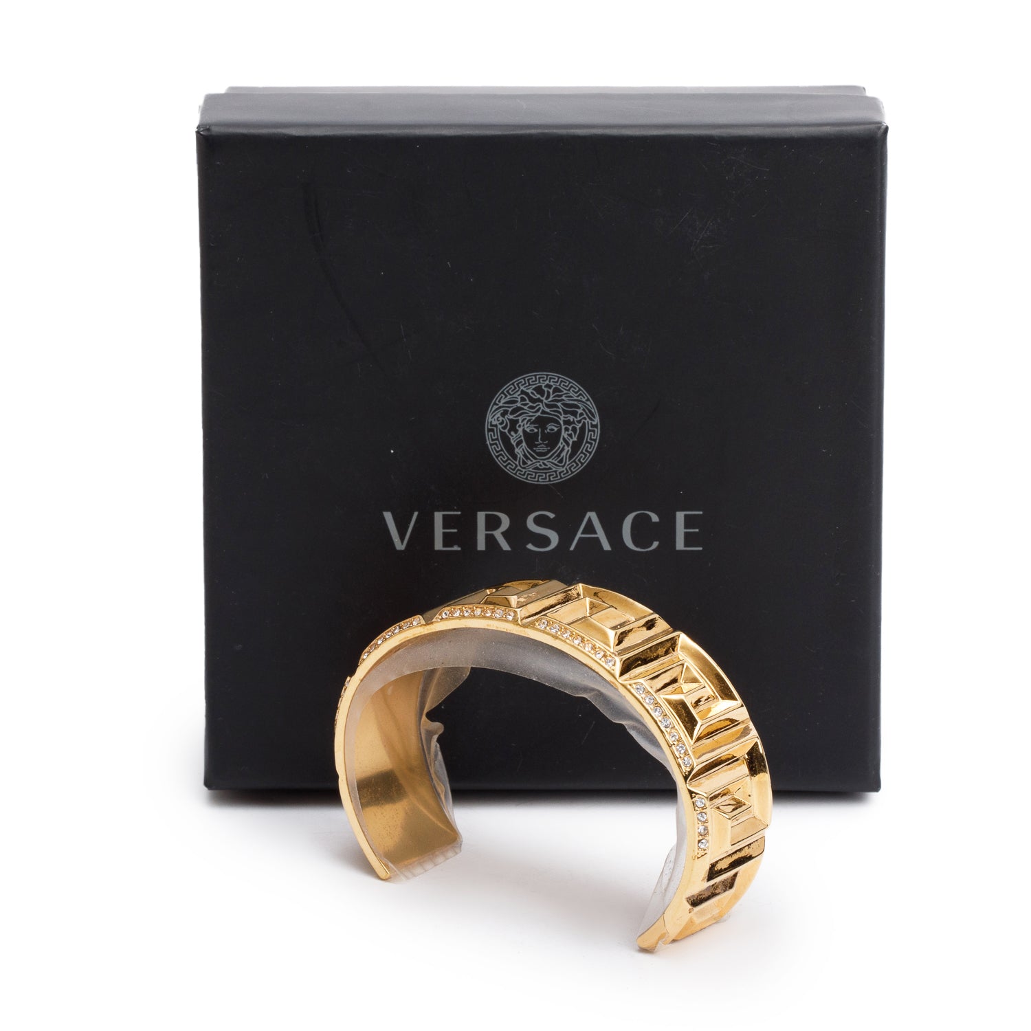 Versace Gold-Plated Crystal Greca Cuff Bracelet w/ Box