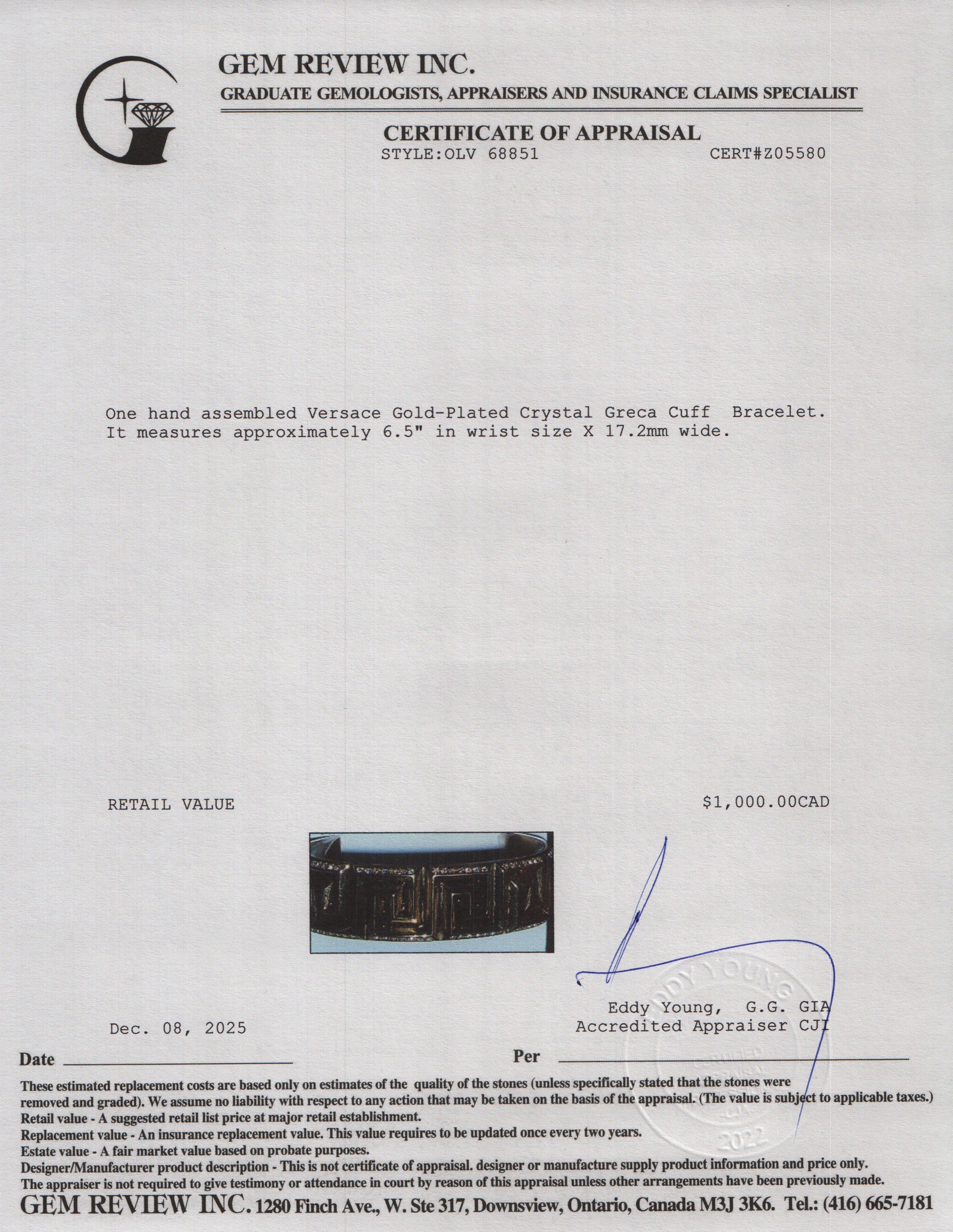 Versace Gold-Plated Crystal Greca Cuff Bracelet w/ Box