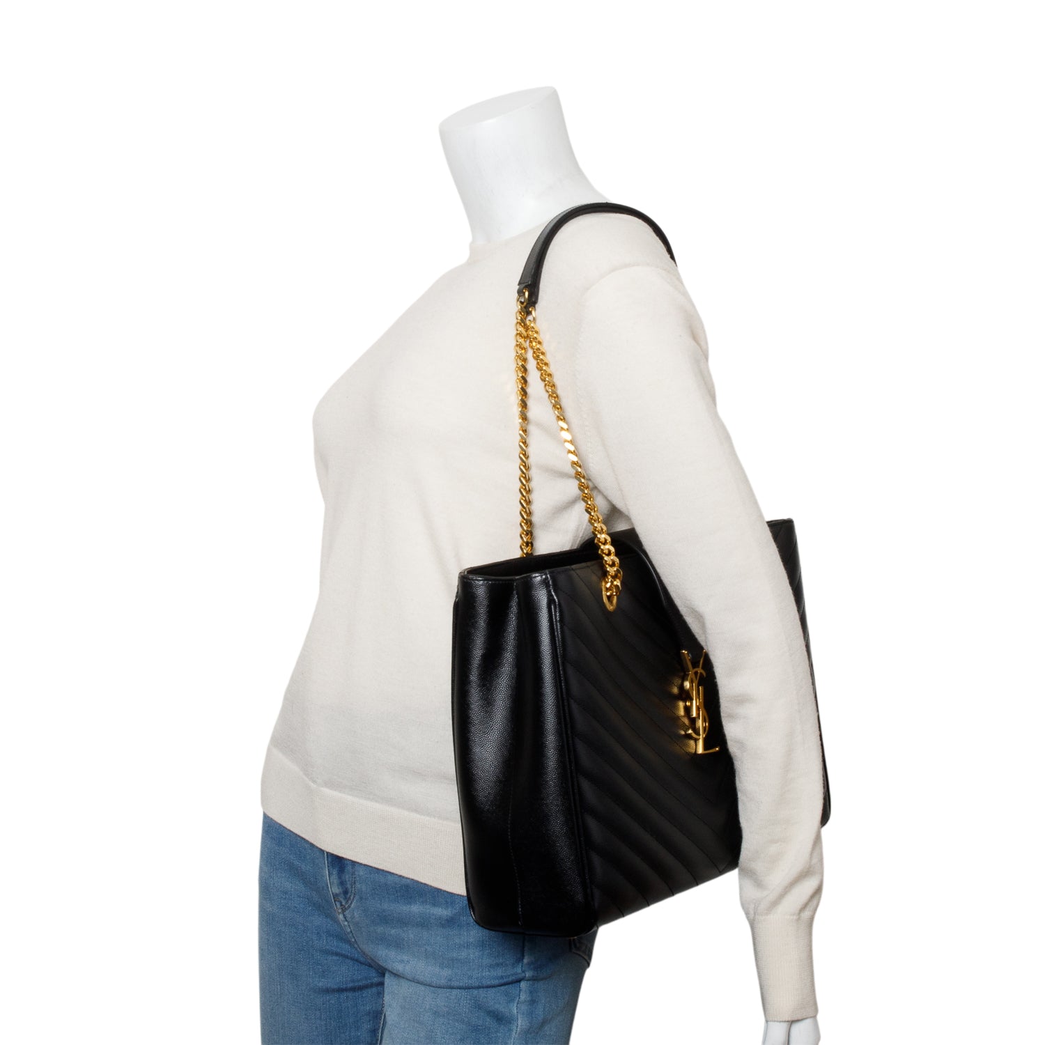 Saint Laurent Black Grain de Poudre Matelasse Chevron Monogram Shopping Bag