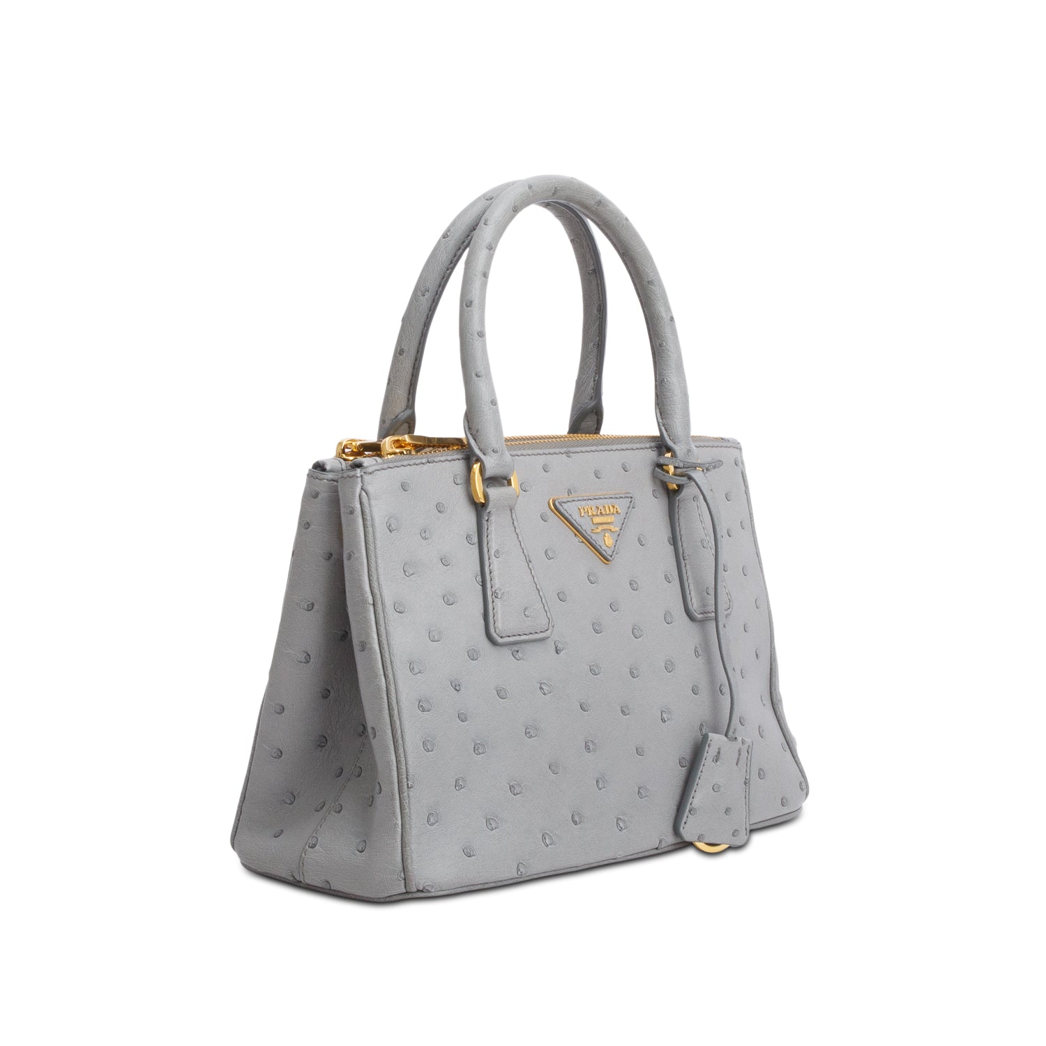 Prada Grey Ostrich Leather Small Double Zip Galleria