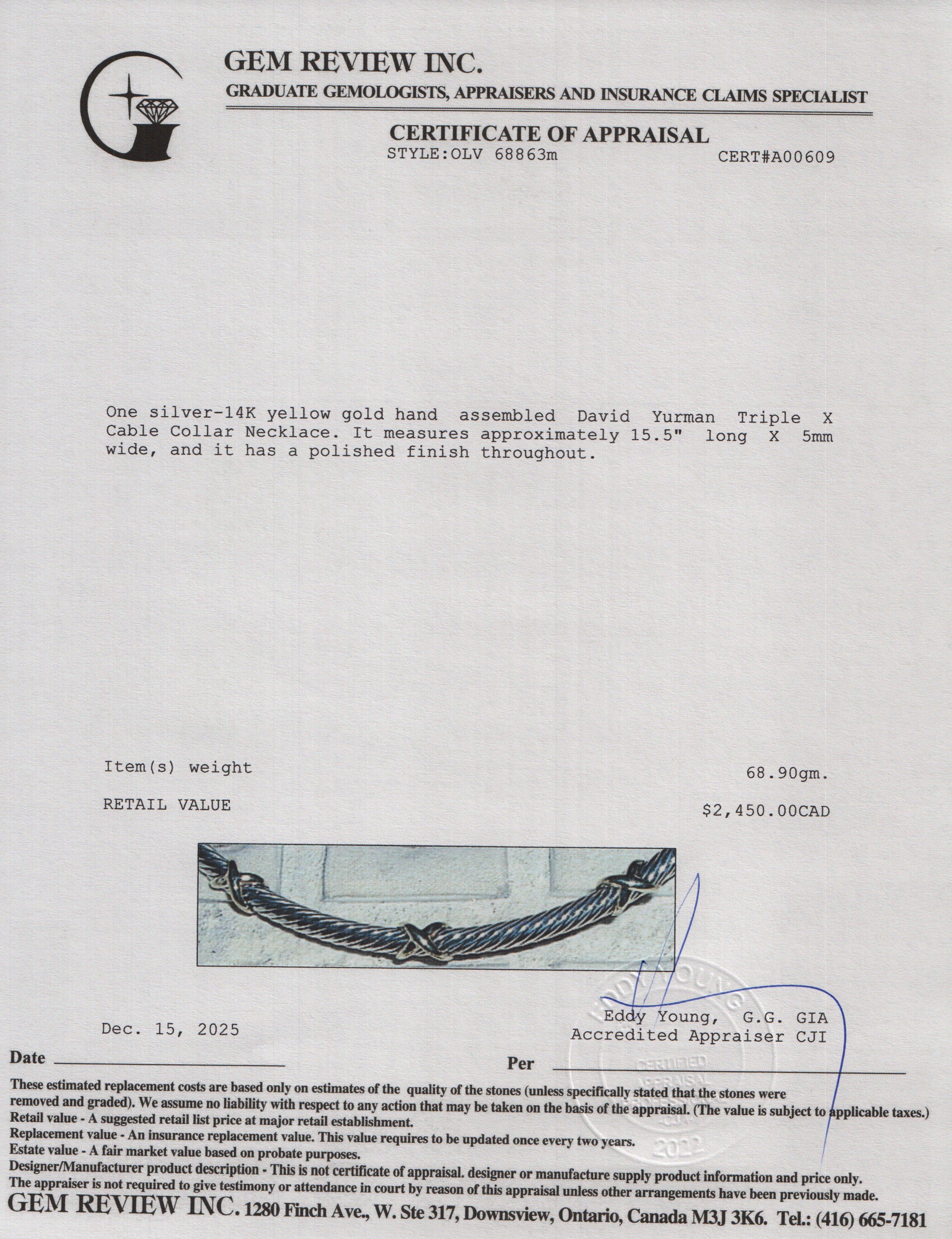 David Yurman Sterling Silver & 14k Yellow Gold Triple X Cable Collar Necklace