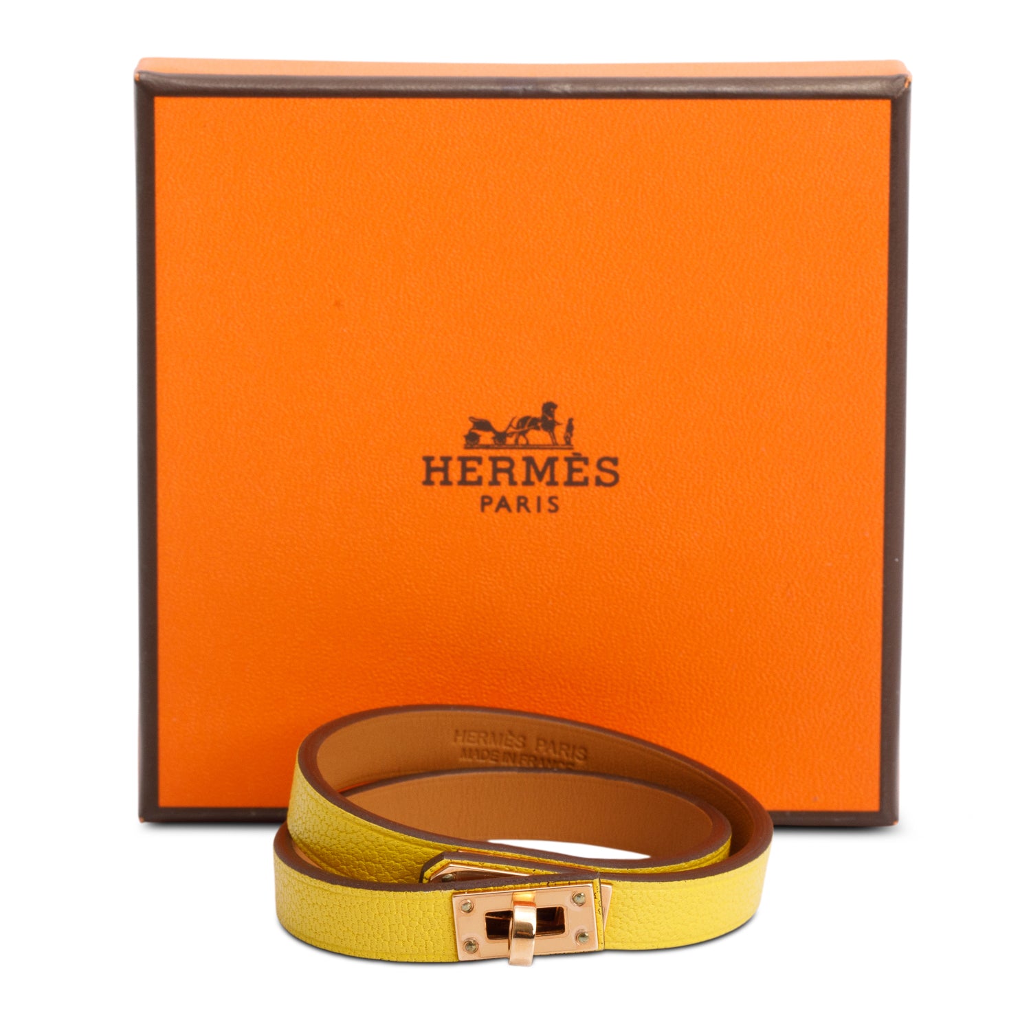 Hermes Rose Gold Plated Yellow Leather Mini Kelly Double Tour Bracelet, Size T2 w/ Box