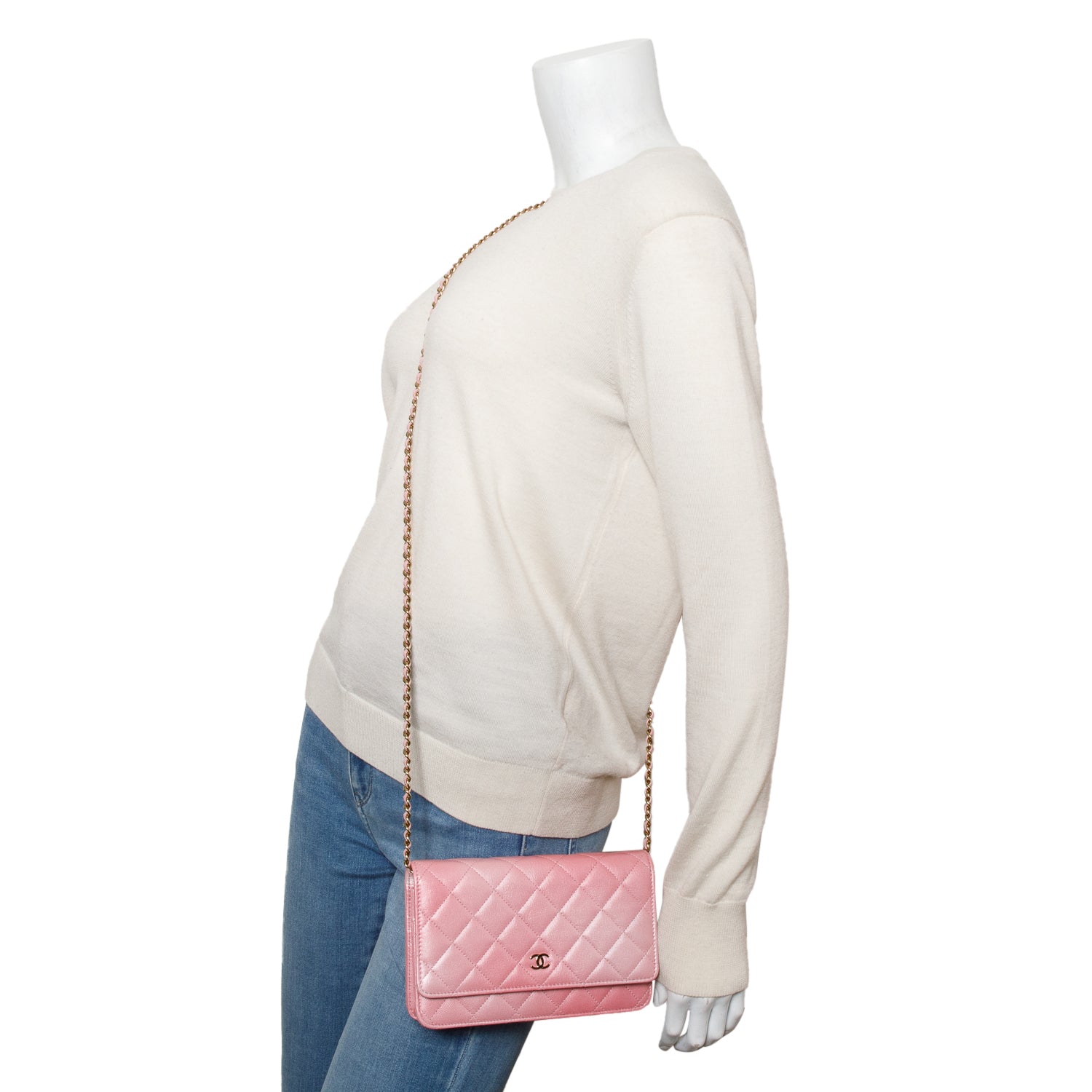 Chanel Pink Cloudy Pearly Goatskin Quilted Wallet on Chain