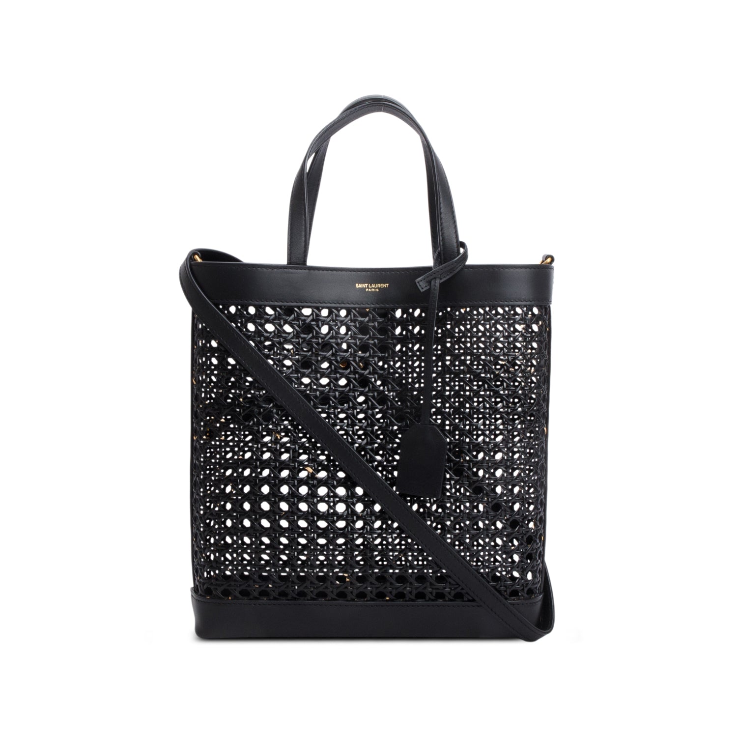 Saint Laurent 2021 Black Woven Cane Calfskin Toy N/S Shopping Tote w/ Pouch & Strap