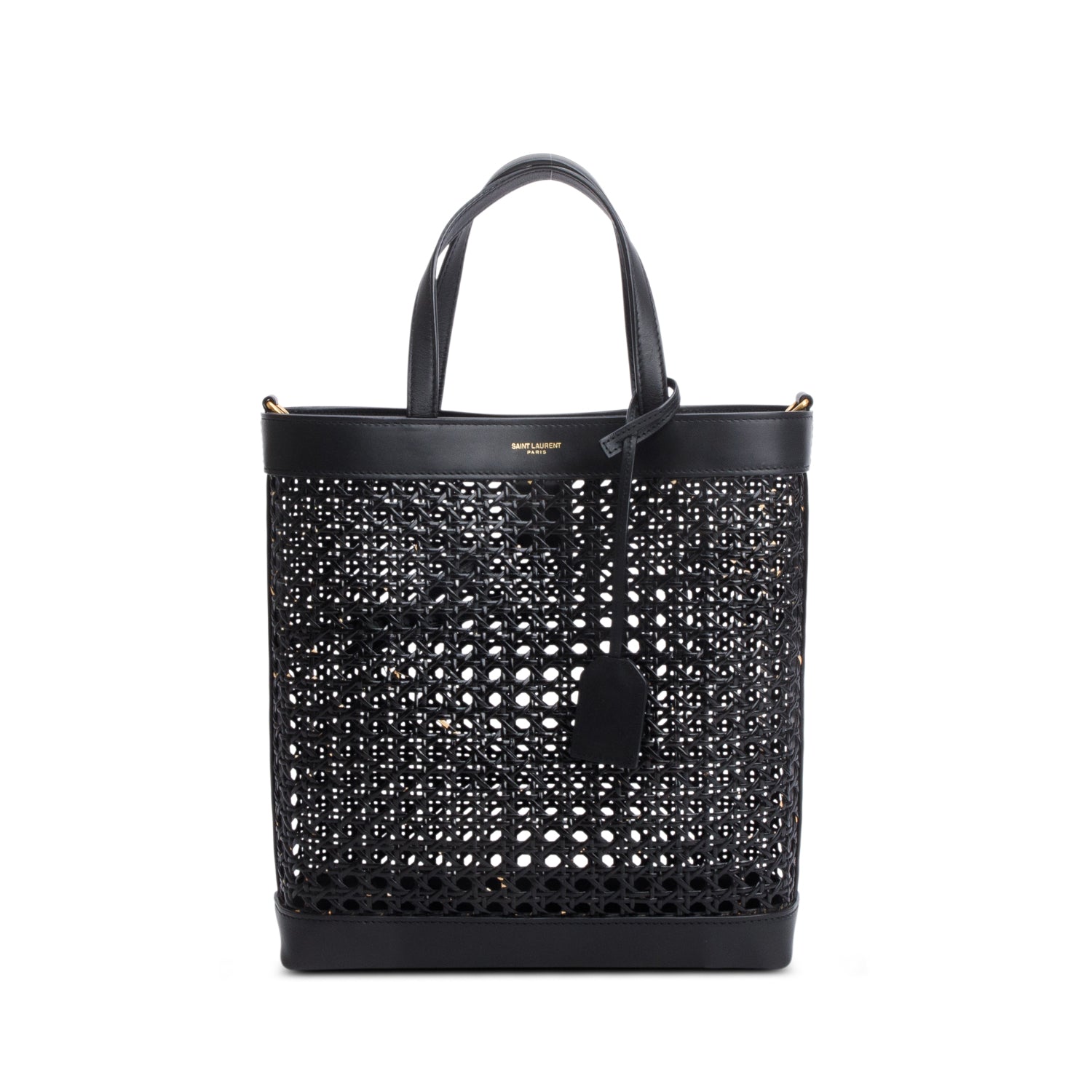 Saint Laurent 2021 Black Woven Cane Calfskin Toy N/S Shopping Tote w/ Pouch & Strap