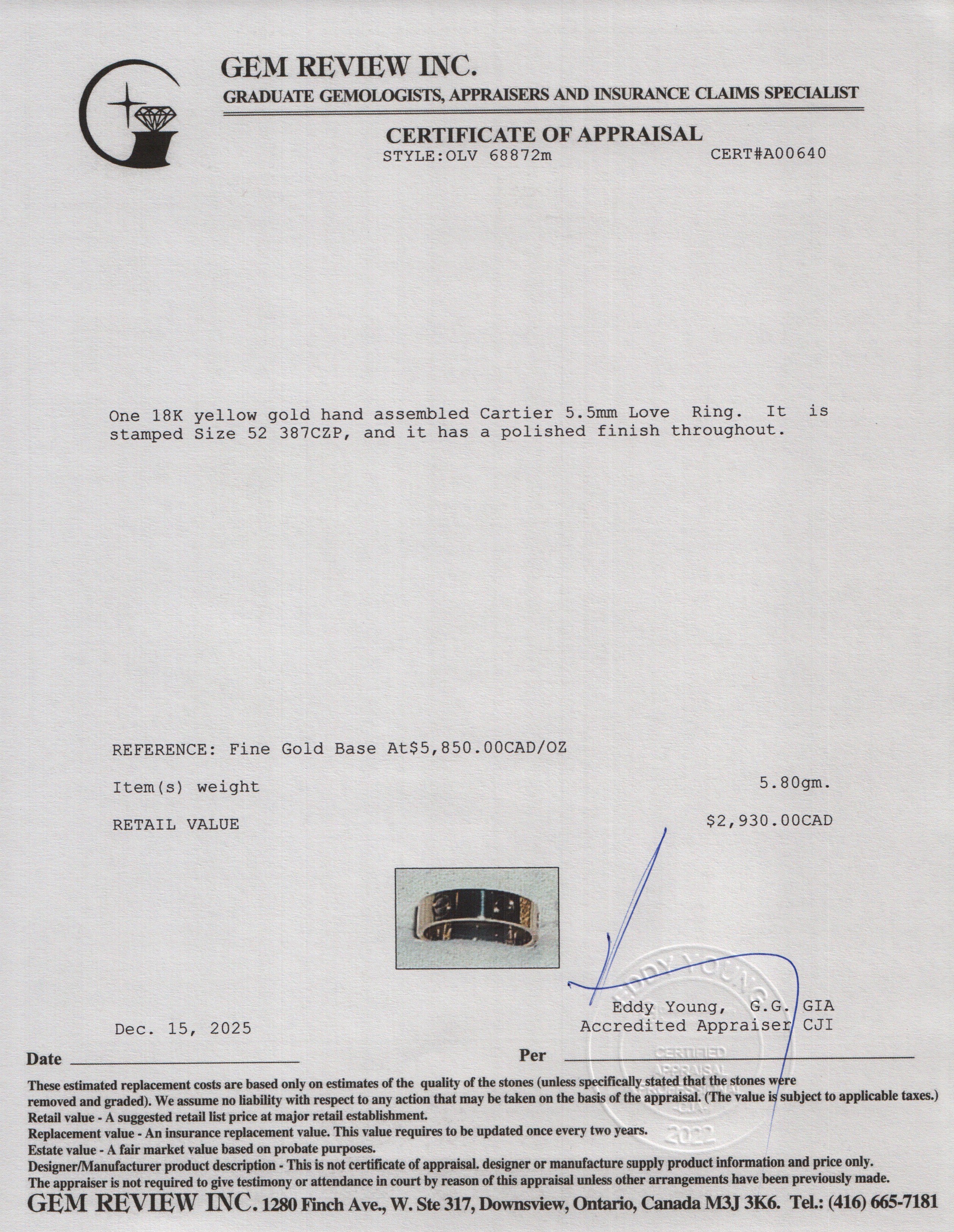 Cartier 18k Yellow Gold 5.5 MM Love Ring, Classic Model, Size 54 6.75 w/ Receipt