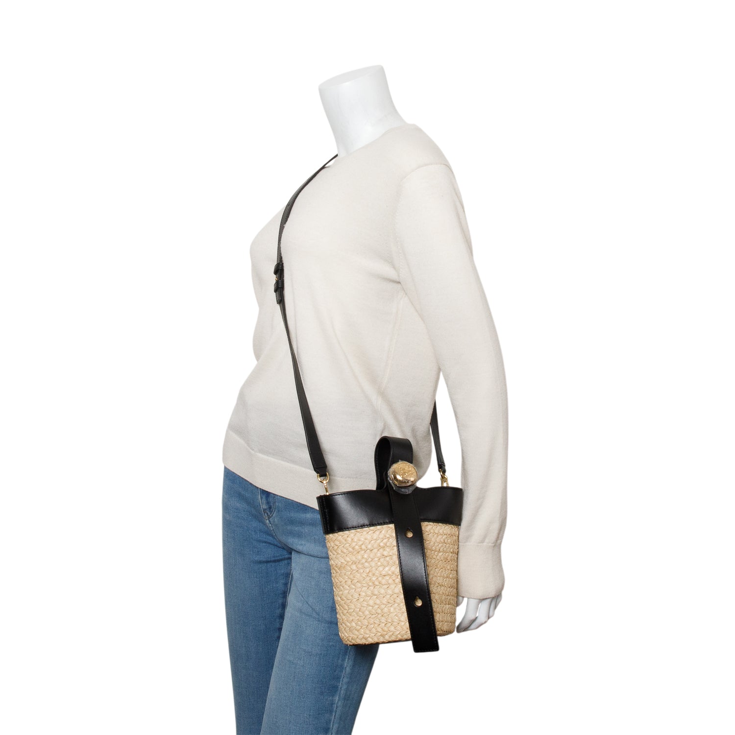 Loewe Black Raffia Calfskin Mini Pebble Bucket Bag