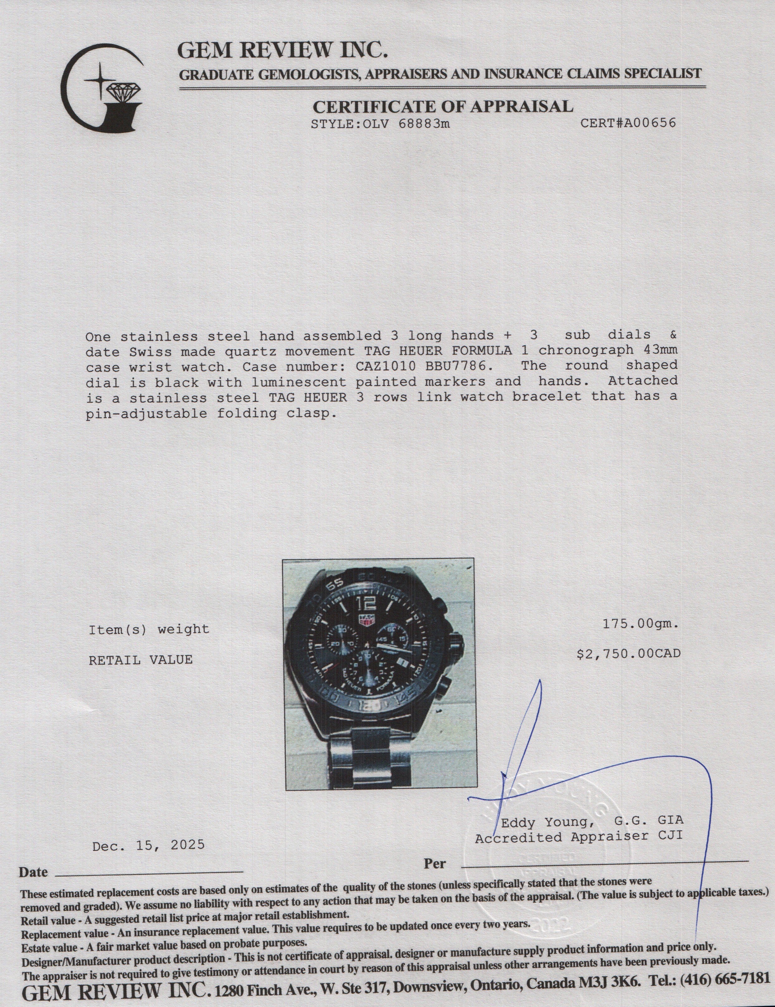 Tag Heuer 2025 Stainless Steel Formula 1 43 MM Chronograph Quartz Watch Black Dial CAZ1010 w/ Box & Papers